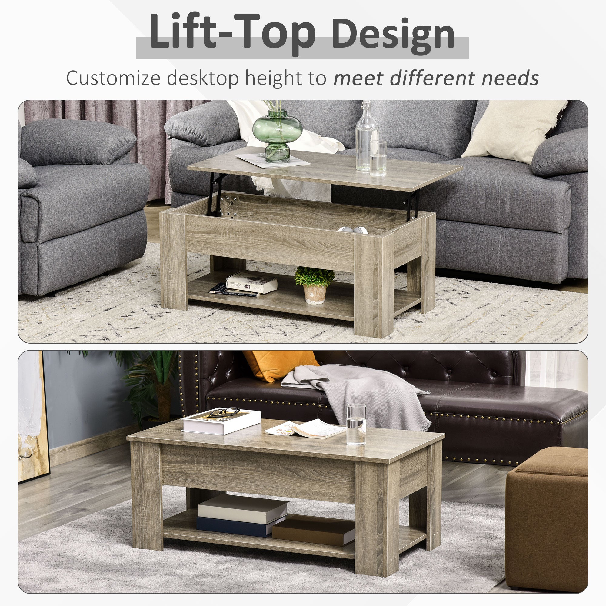 HOMCOM Lift Top Coffee Table with Hidden Storage Compartment and Open Shelf, Center Table for Living Room, Grey