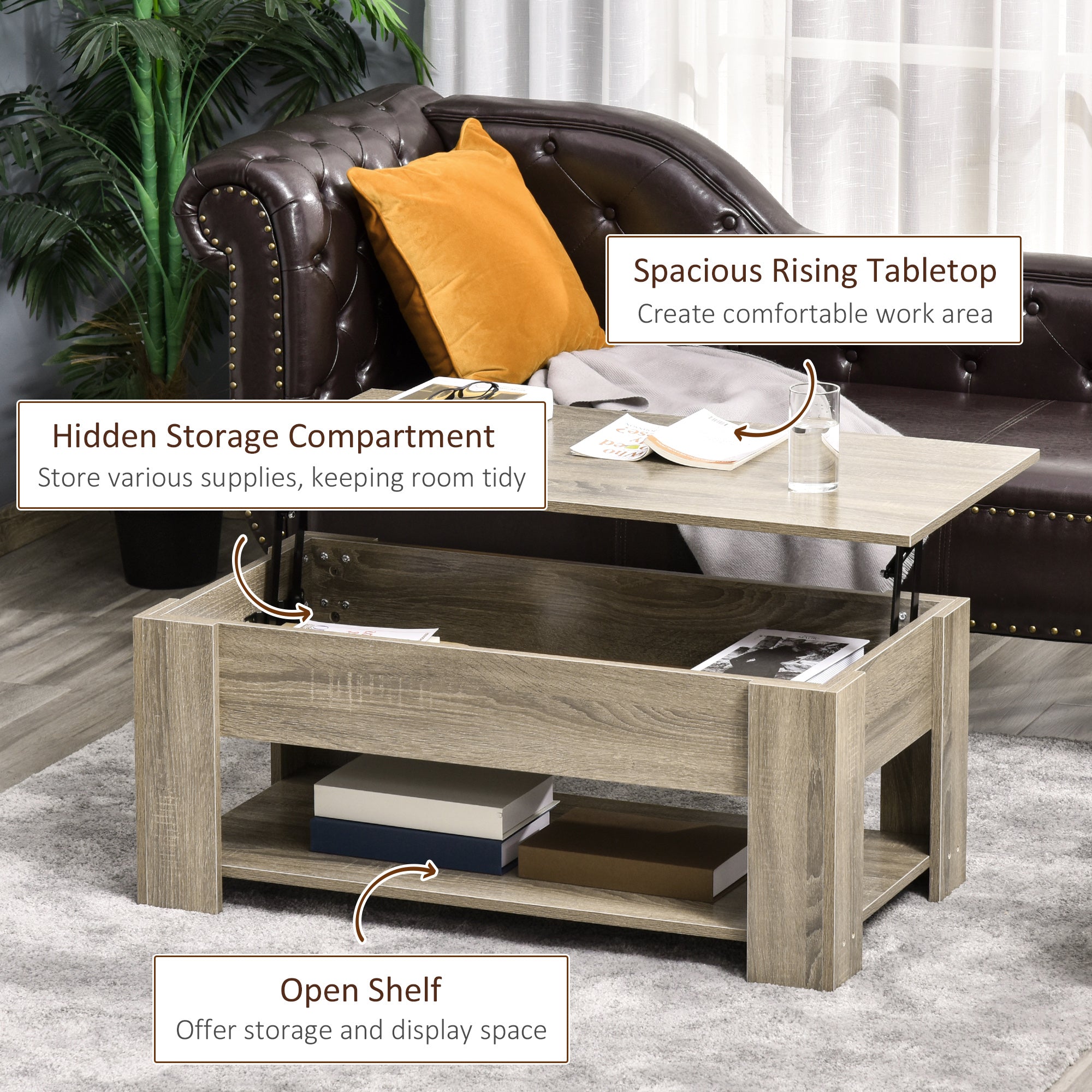 HOMCOM Lift Top Coffee Table with Hidden Storage Compartment and Open Shelf, Center Table for Living Room, Grey