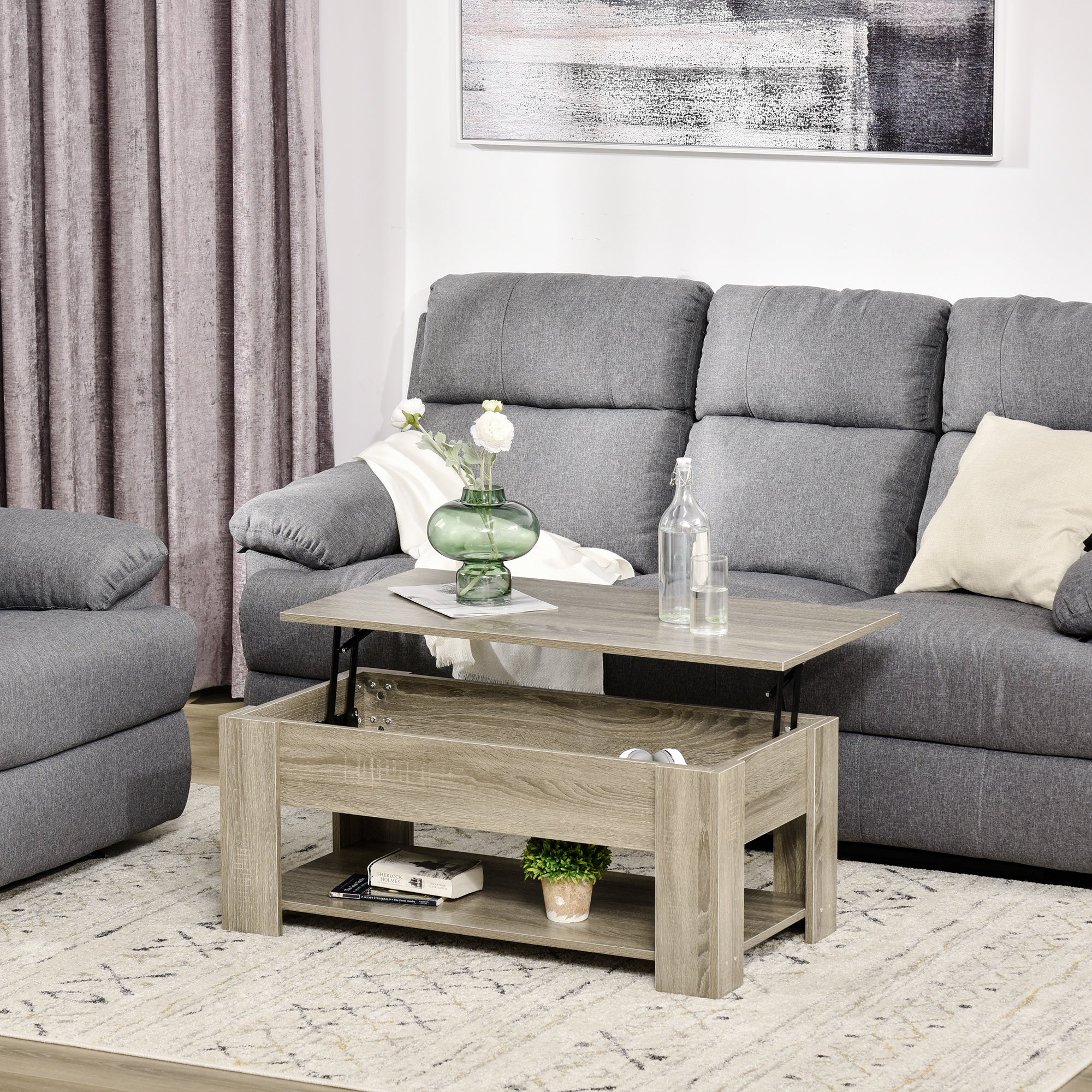 HOMCOM Lift Top Coffee Table with Hidden Storage Compartment and Open Shelf, Center Table for Living Room, Grey