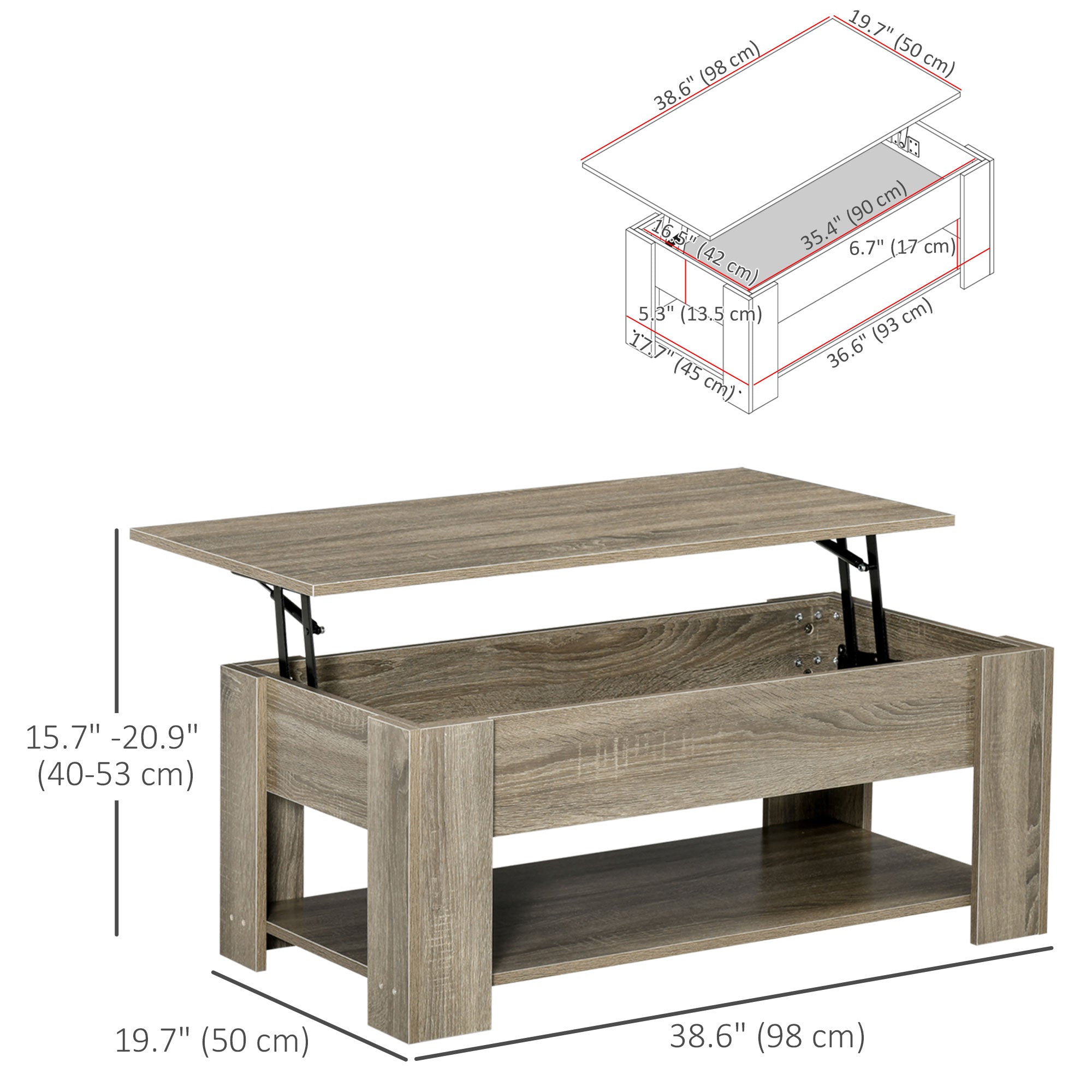 HOMCOM Lift Top Coffee Table with Hidden Storage Compartment and Open Shelf, Center Table for Living Room, Grey