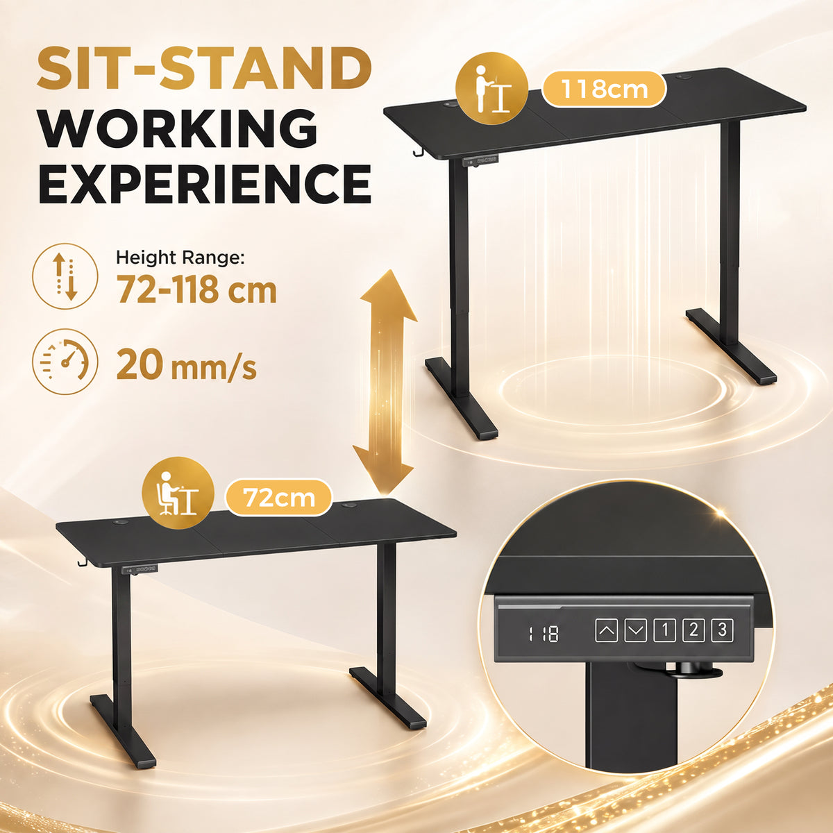 Electric Standing Desk Height Adjustable 140 x 60cm, Sit Stand Desk with 3 Memory Presets, Quiet Home Office Computer Desk with LED Display, Cable Holes & Hooks for Bedroom, Home Office, Black