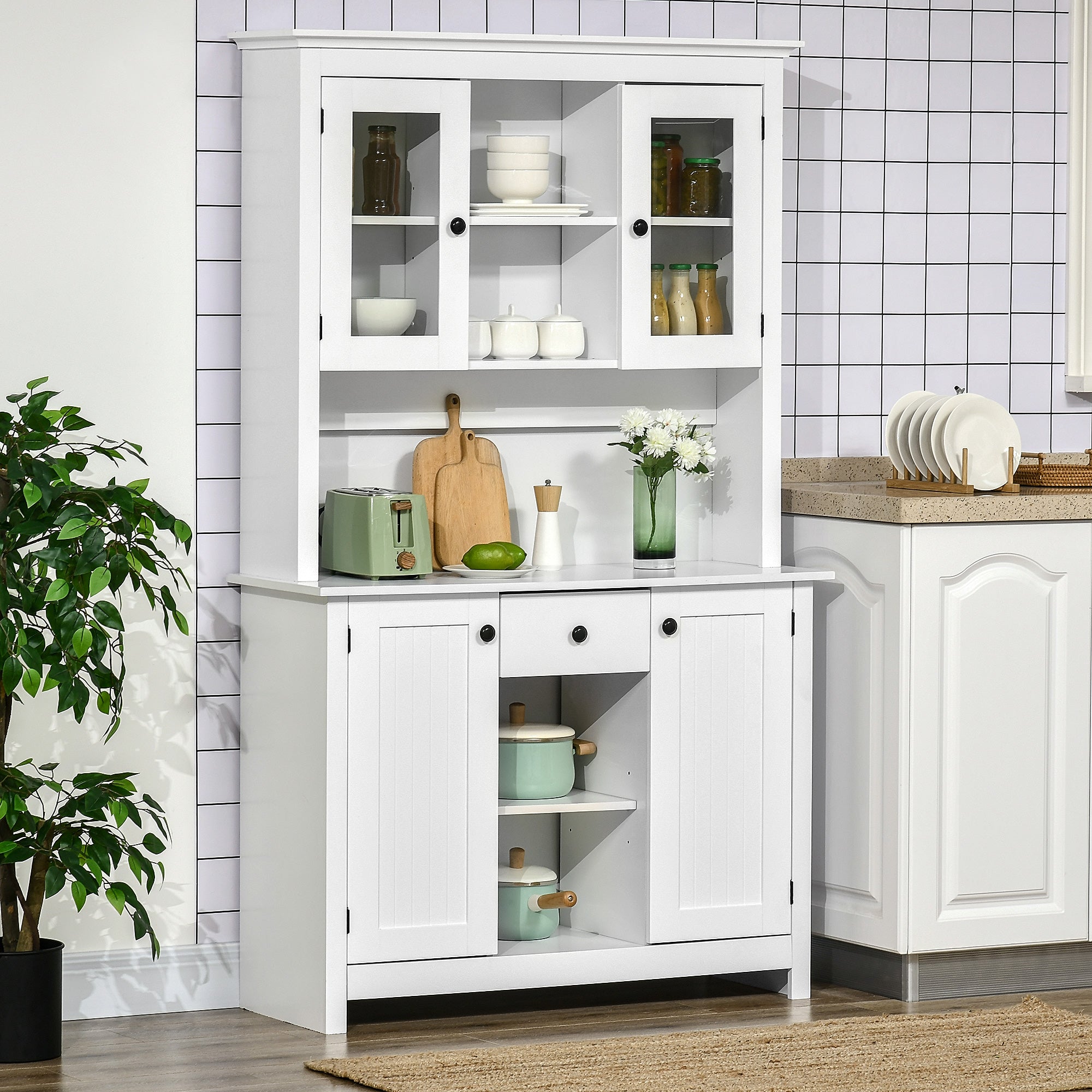 HOMCOM Kitchen Pantry Storage Cabinet, Freestanding Buffet with Hutch, Microwave Stand with 4 Doors, Drawer, Beadboard Panel and Adjustable Shelves, White