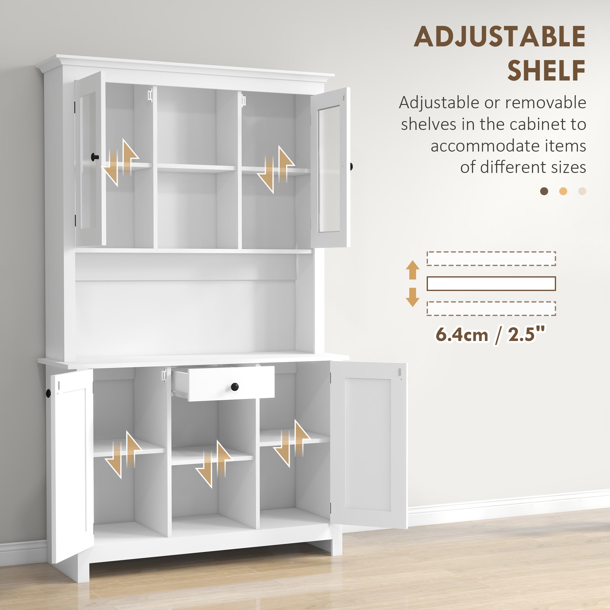 71" Freestanding Buffet with Hutch, 4 Door Kitchen Pantry Cabinet with Drawer, White