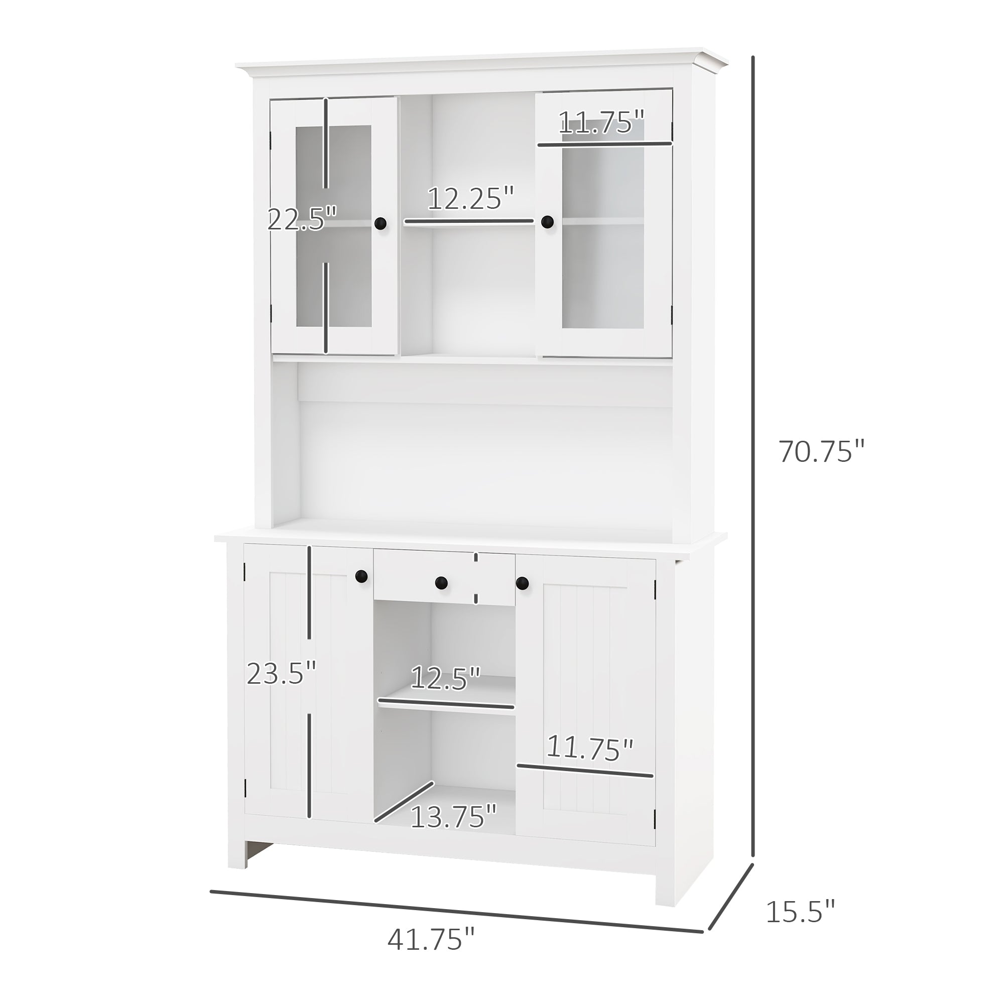 71" Freestanding Buffet with Hutch, 4 Door Kitchen Pantry Cabinet with Drawer, White