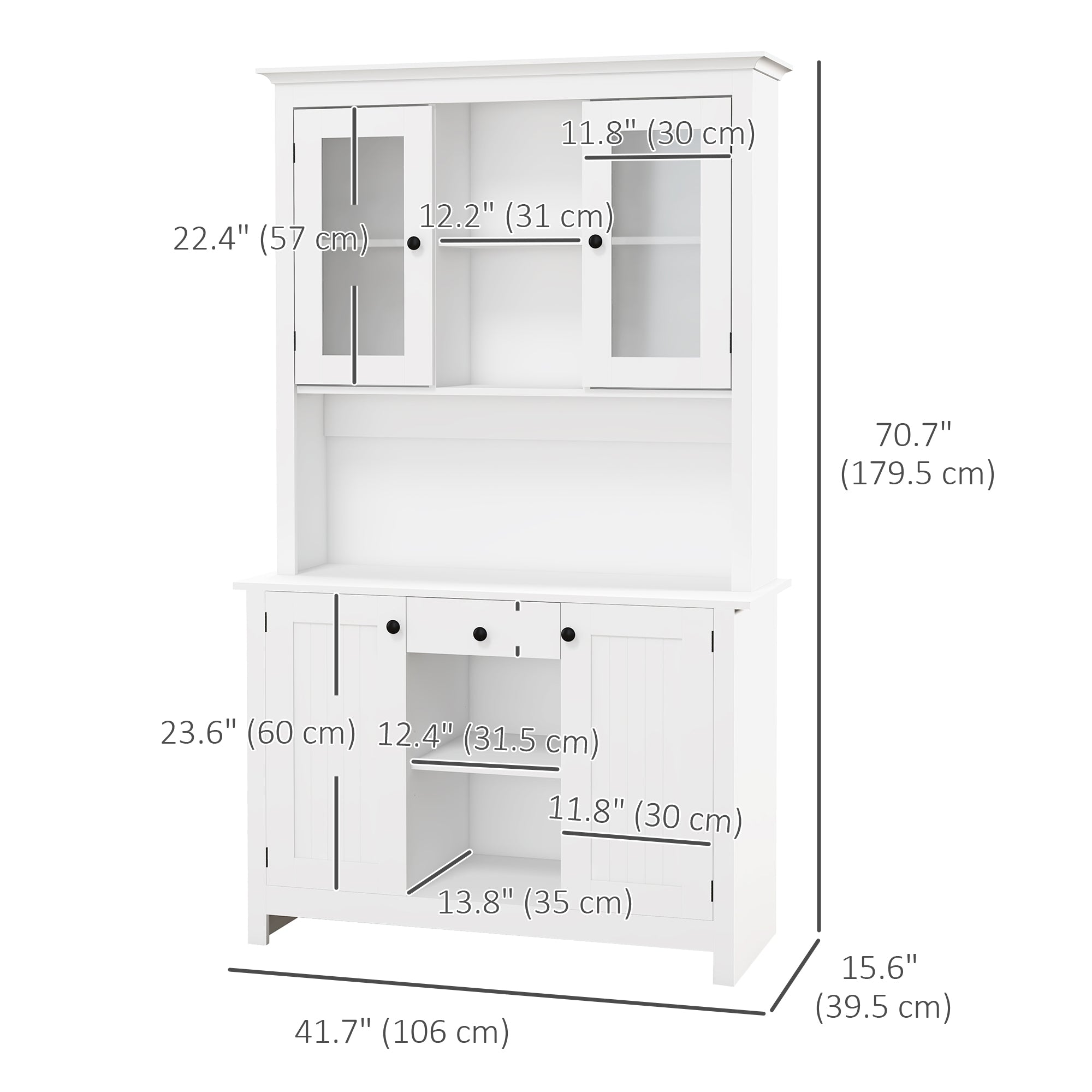 HOMCOM Kitchen Pantry Storage Cabinet, Freestanding Buffet with Hutch, Microwave Stand with 4 Doors, Drawer, Beadboard Panel and Adjustable Shelves, White