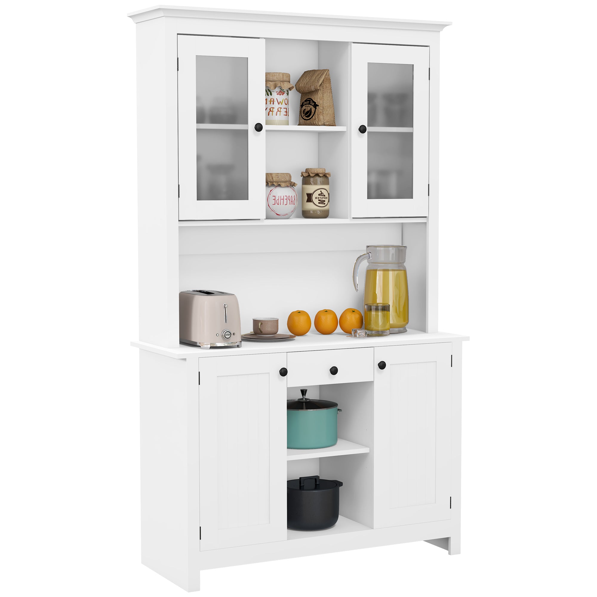 71" Freestanding Buffet with Hutch, 4 Door Kitchen Pantry Cabinet with Drawer, White