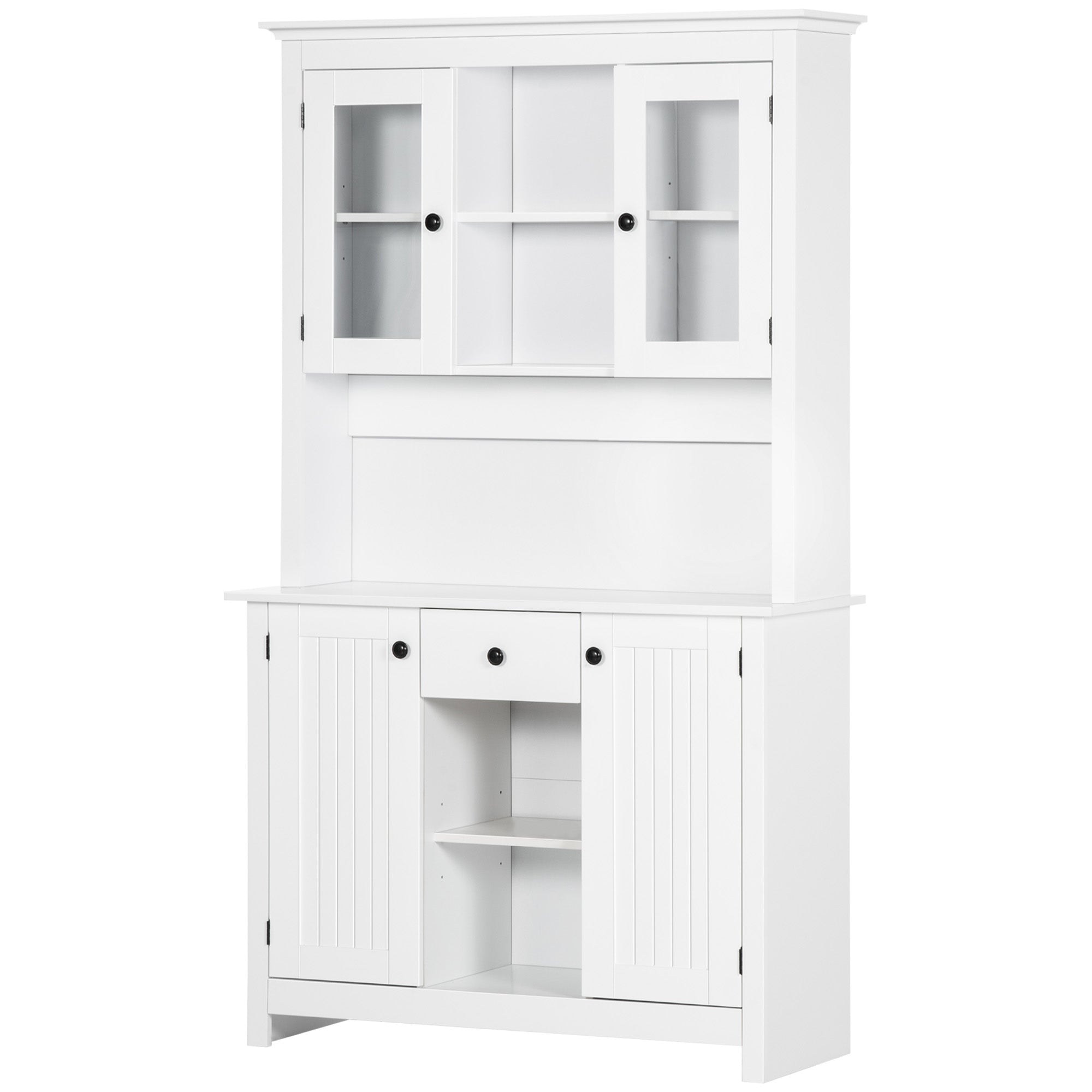 HOMCOM Kitchen Pantry Storage Cabinet, Freestanding Buffet with Hutch, Microwave Stand with 4 Doors, Drawer, Beadboard Panel and Adjustable Shelves, White