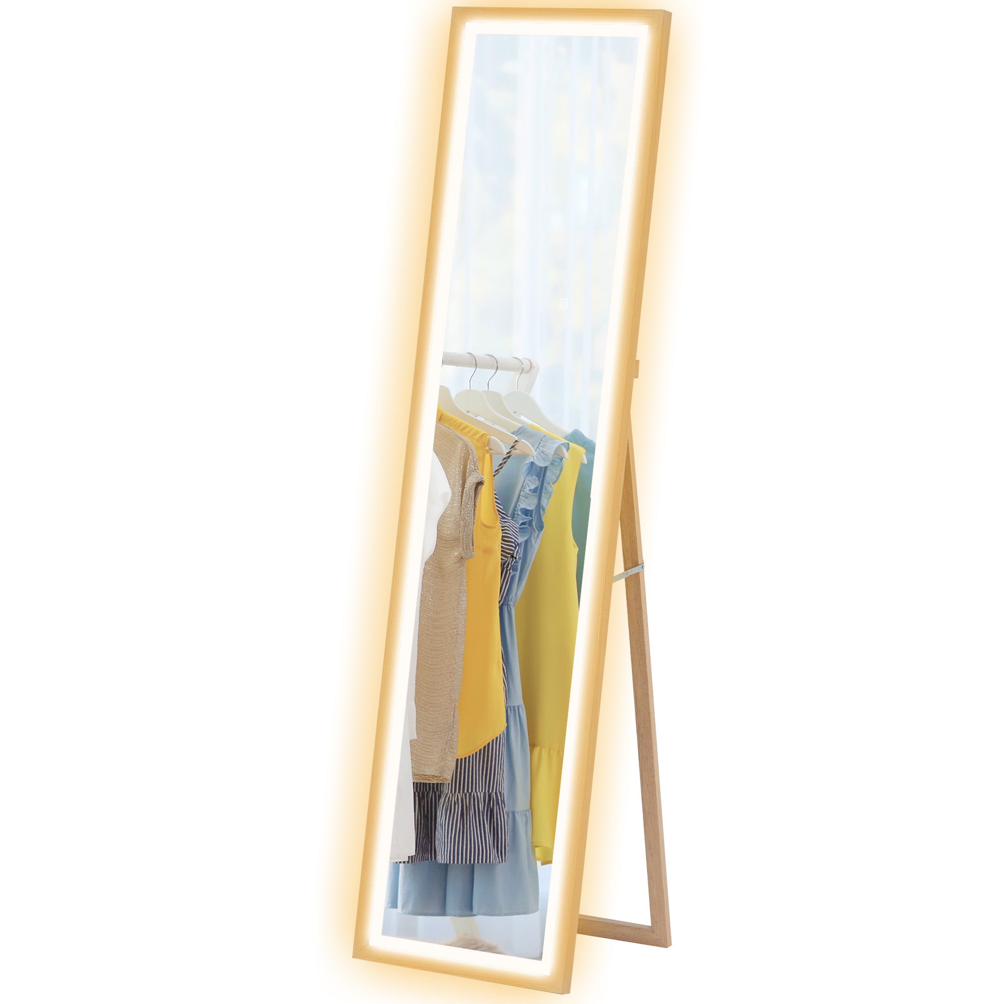 HOMCOM Full Length Mirror with LED Lights, 160 x 40cm Free Standing Mirror with Dimming and 3 Colour Lighting, Leaning or Wall Mirror with Frame for Living Room, Bedroom, Oak
