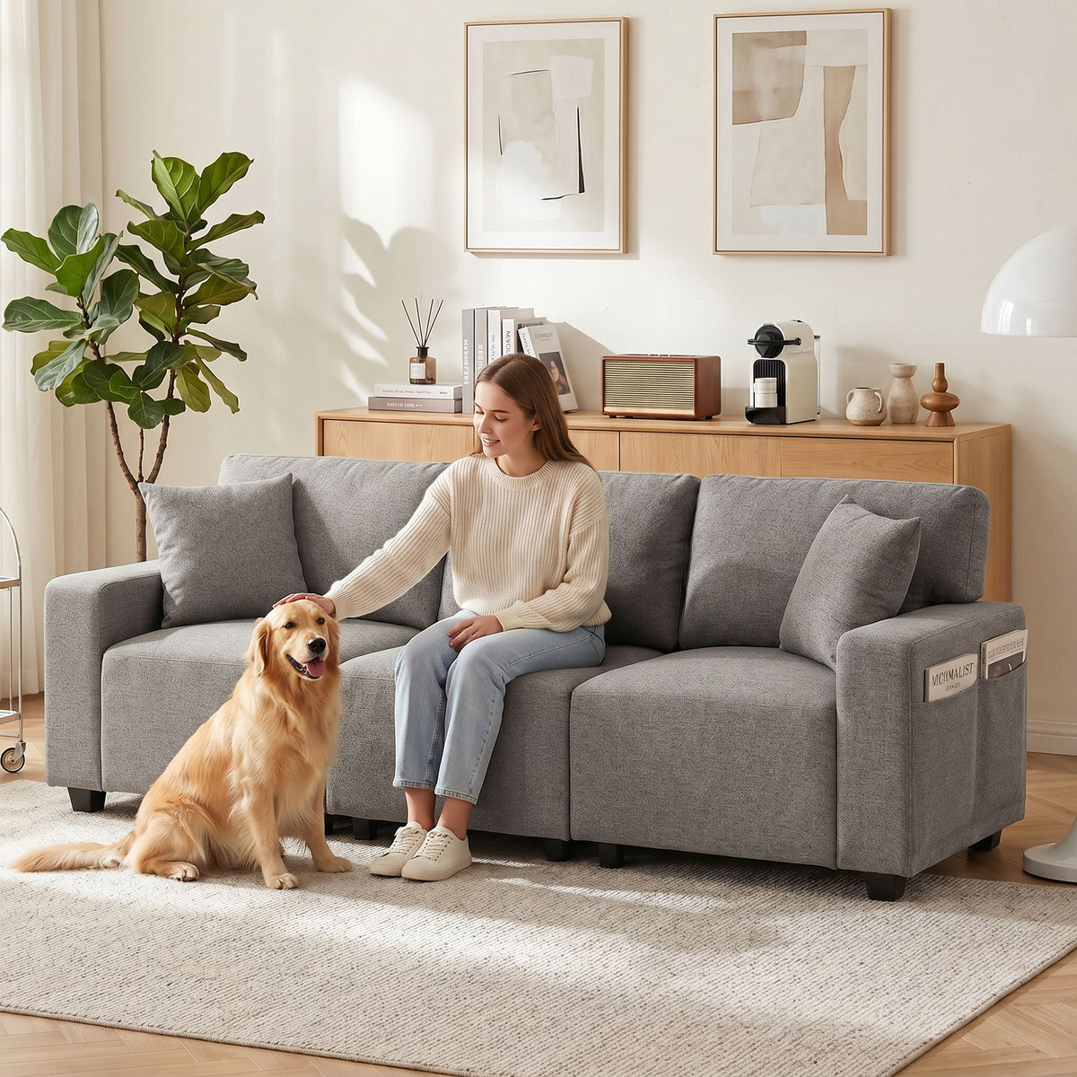 3 Seater Sofa, Linen-Look Fabric Upholstered Small Couch, Modern Sofa Settee with Storage Pockets, Pocket Springs and 2 Pillows for Living Room, Grey