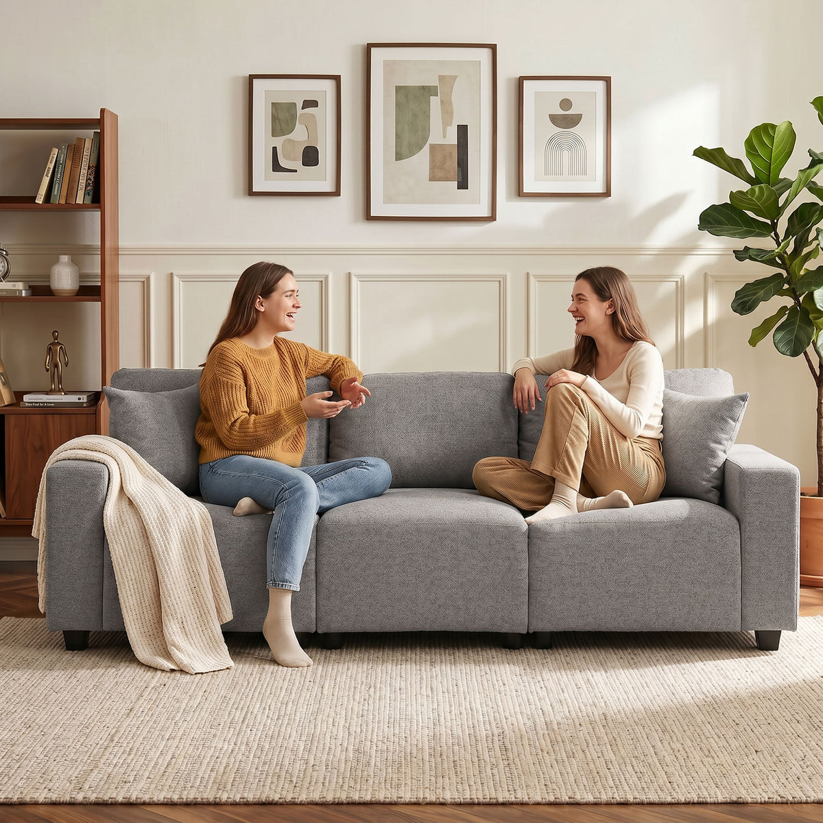 3 Seater Sofa, Linen-Look Fabric Upholstered Small Couch, Modern Sofa Settee with Storage Pockets, Pocket Springs and 2 Pillows for Living Room, Grey