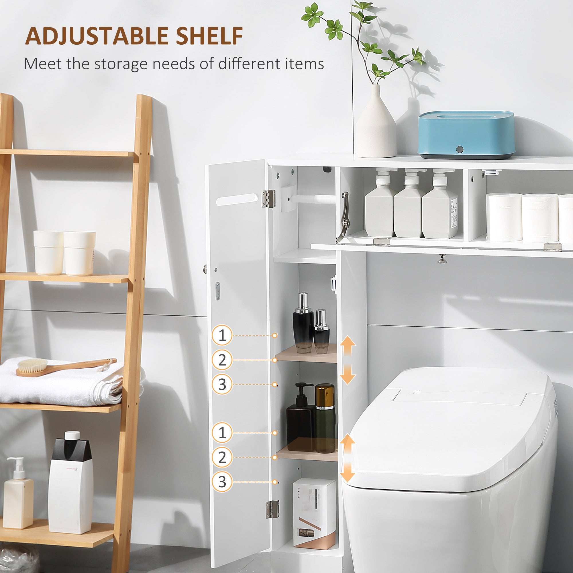 kleankin Over the Toilet Bathroom Storage Cabinet, Space Saver, Storage Organizer with adjustable shelf, White