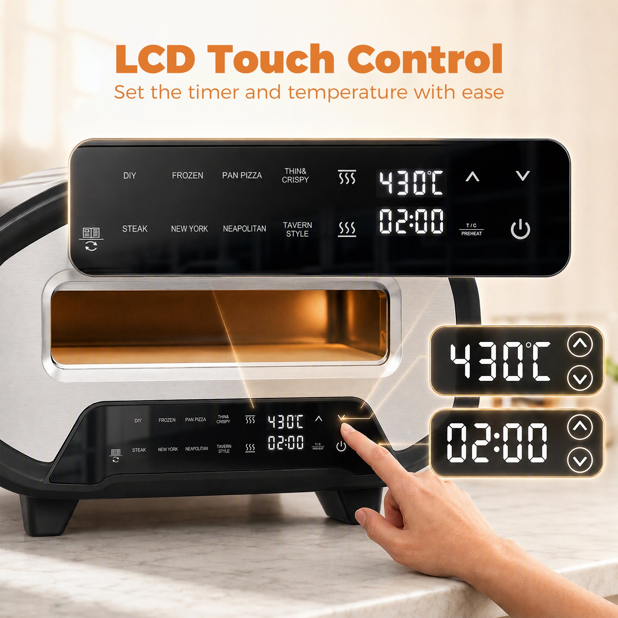 Pizza Oven Indoor, 12 Inch Electric Countertop Pizza Maker with 8 Preset Modes, 430°C, Timer, Ceramic Stone, LCD Touch Control, 2200W