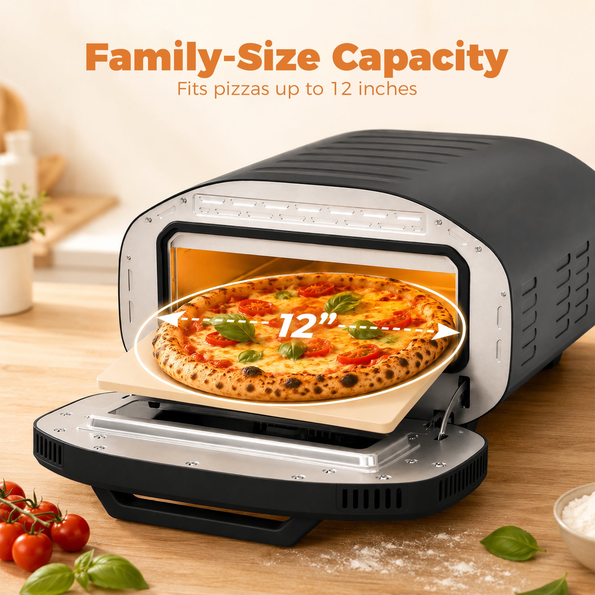 Pizza Oven Indoor, 12 Inch Electric Countertop Pizza Maker with 8 Preset Modes, 430°C, Timer, Ceramic Stone, LCD Touch Control, 2200W