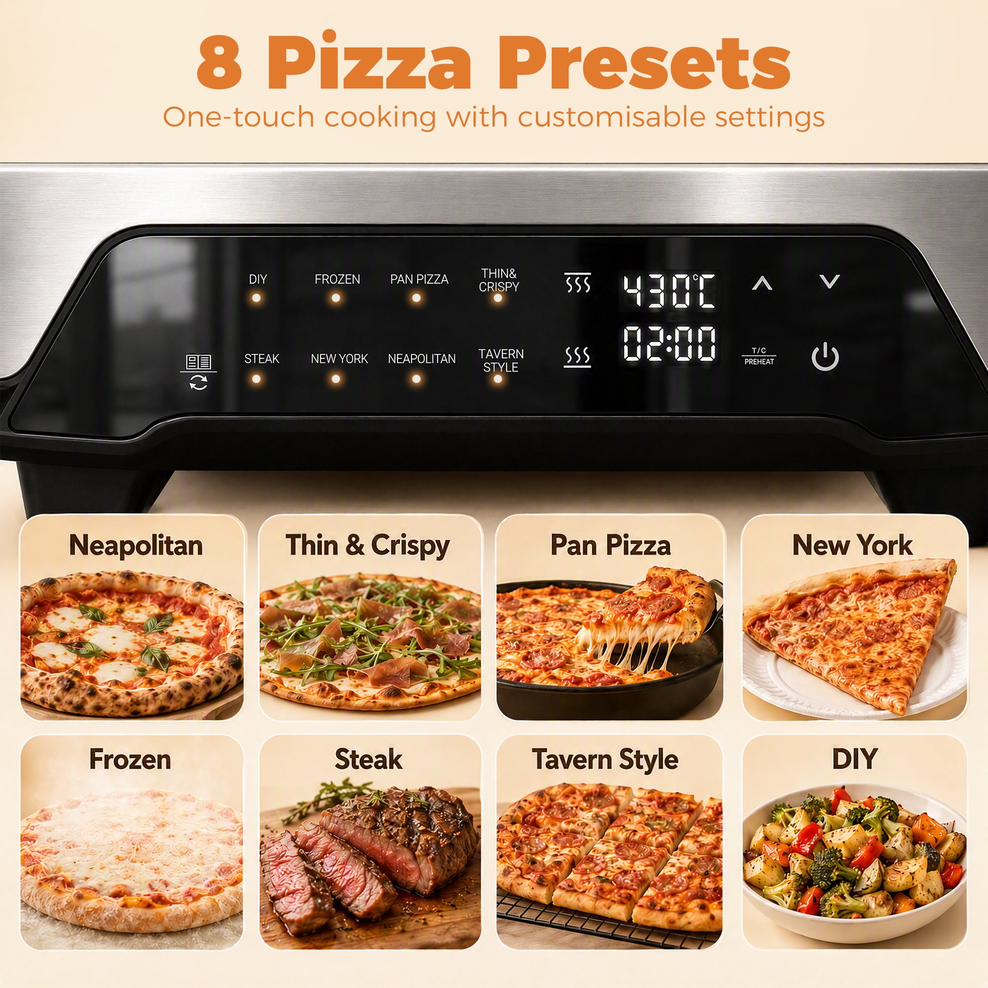 Pizza Oven Indoor, 12 Inch Electric Countertop Pizza Maker with 8 Preset Modes, 430°C, Timer, Ceramic Stone, LCD Touch Control, 2200W