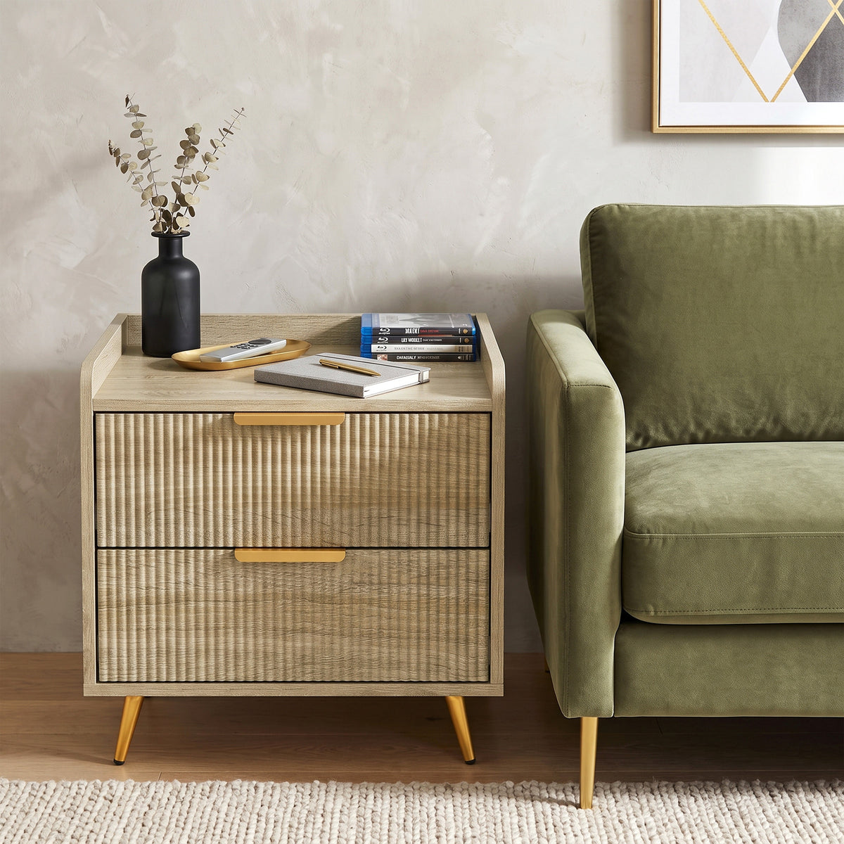 Bedside Table, Bedside Cabinet with 2 Drawers, Side End Table with Metal Legs for Bedroom Living Room, Natural Wood Finish