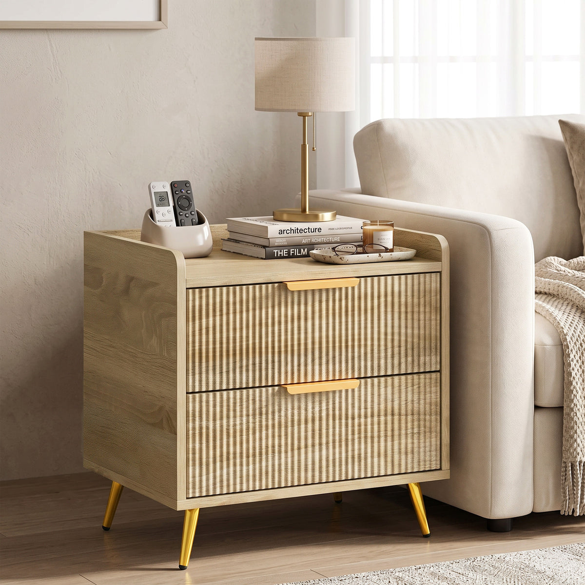 Bedside Table, Bedside Cabinet with 2 Drawers, Side End Table with Metal Legs for Bedroom Living Room, Natural Wood Finish