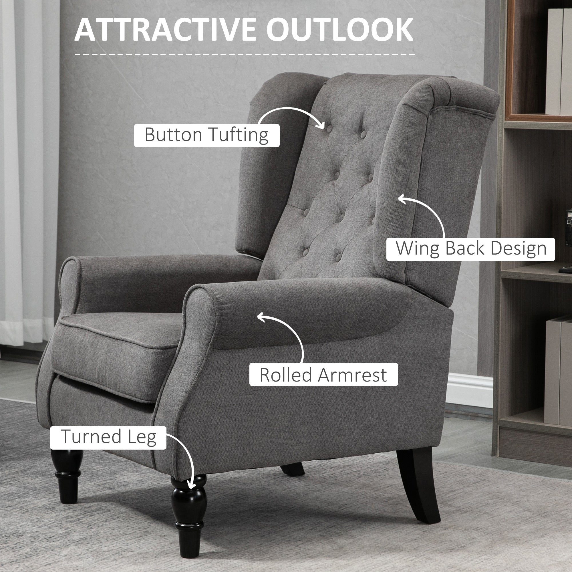 Wingback Accent Chair for Living Room, Button-Tufted Lounge Chair with Round Armrests and Wood Legs, Dark Gray