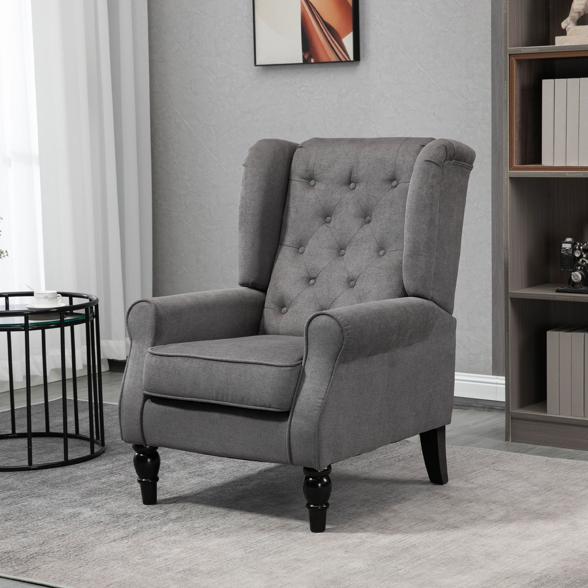 Wingback Accent Chair for Living Room, Button-Tufted Lounge Chair with Round Armrests and Wood Legs, Dark Gray