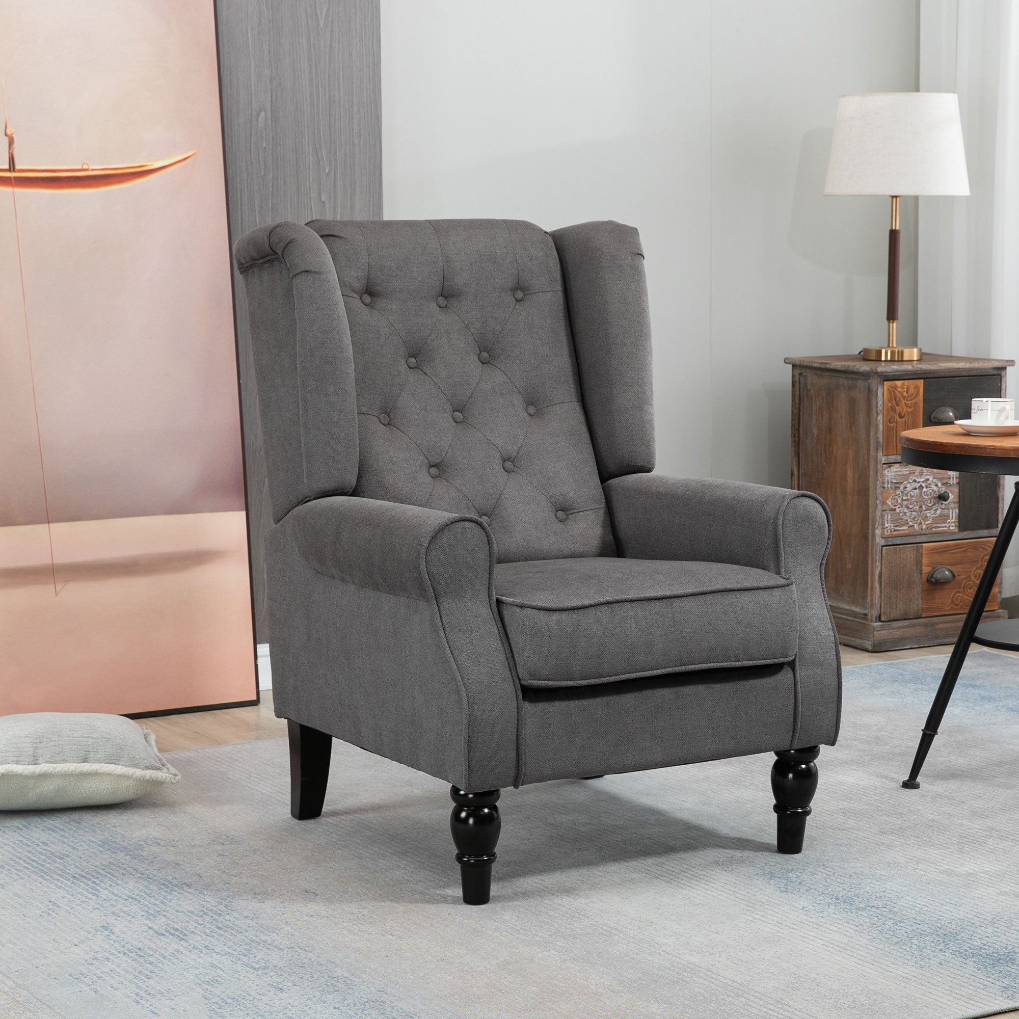 Wingback Accent Chair for Living Room, Button-Tufted Lounge Chair with Round Armrests and Wood Legs, Dark Gray