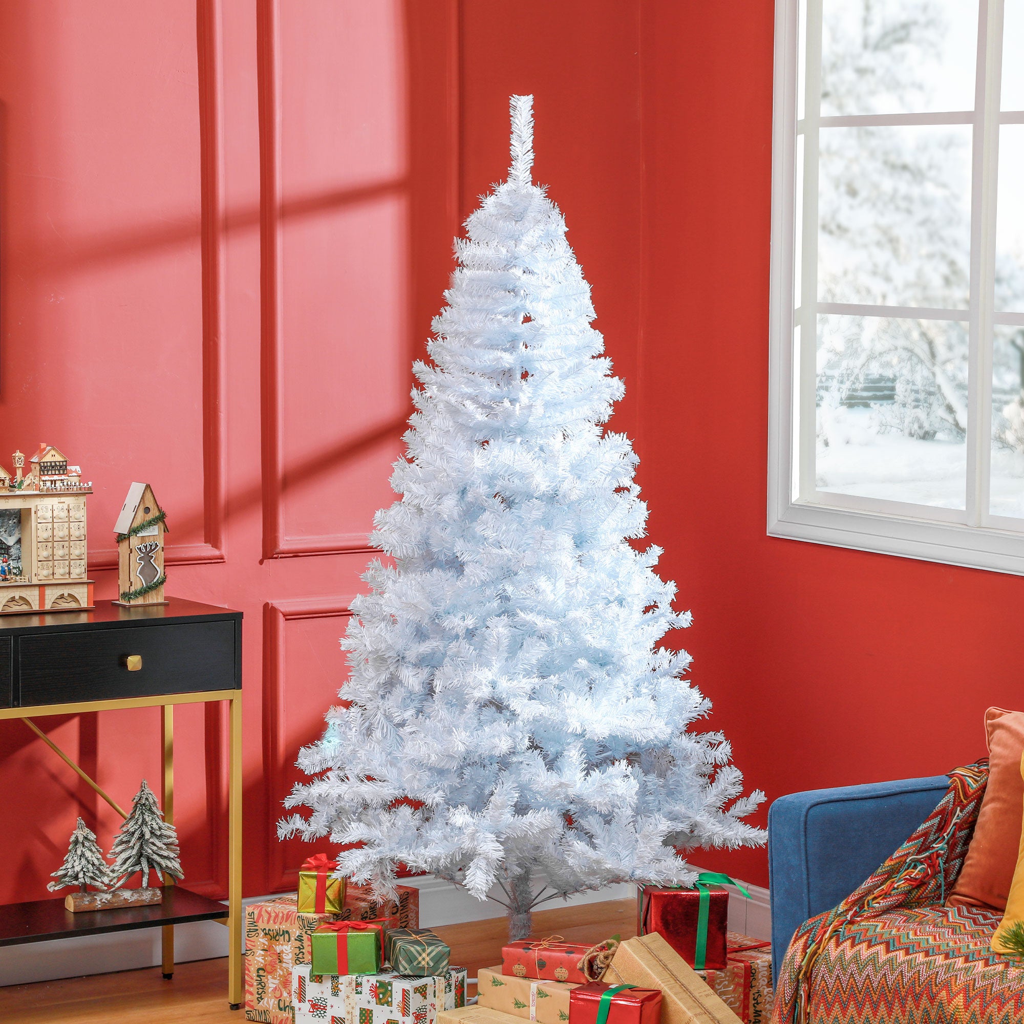 HOMCOM 6ft Artificial Christmas Tree with 928 Branch Tips and Metal Stand, Xmas Tree for Home Indoor Holiday, White