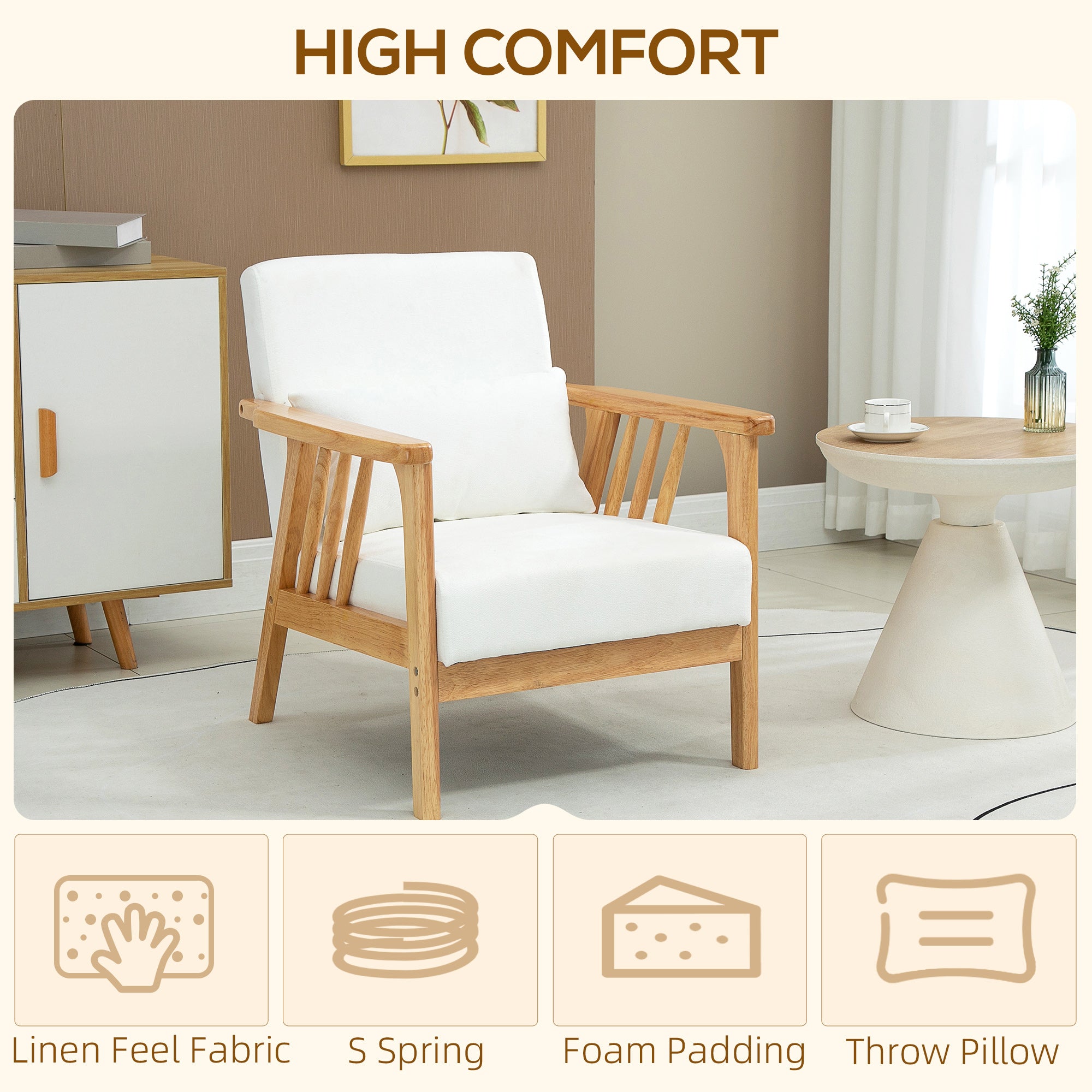 HOMCOM Accent Chairs with Cushioned Seat and Back, Upholstered Arm Chair for Bedroom, Living Room Chair with Throw Pillow and Wood Legs, Cream White