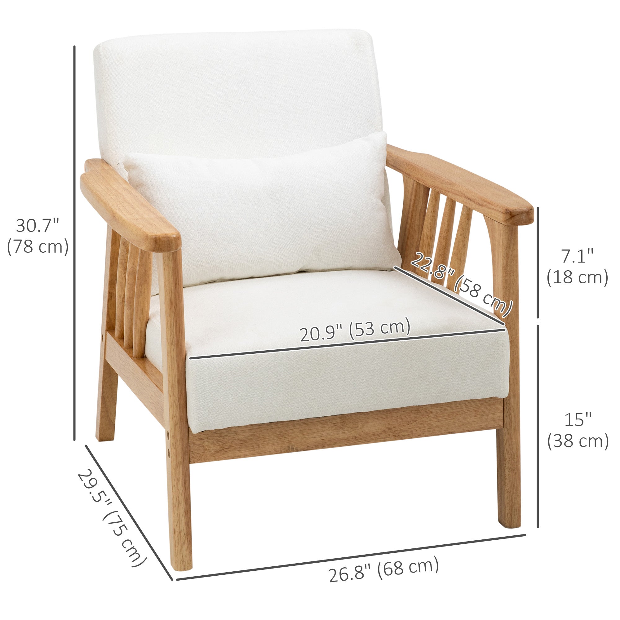 HOMCOM Accent Chairs with Cushioned Seat and Back, Upholstered Arm Chair for Bedroom, Living Room Chair with Throw Pillow and Wood Legs, Cream White