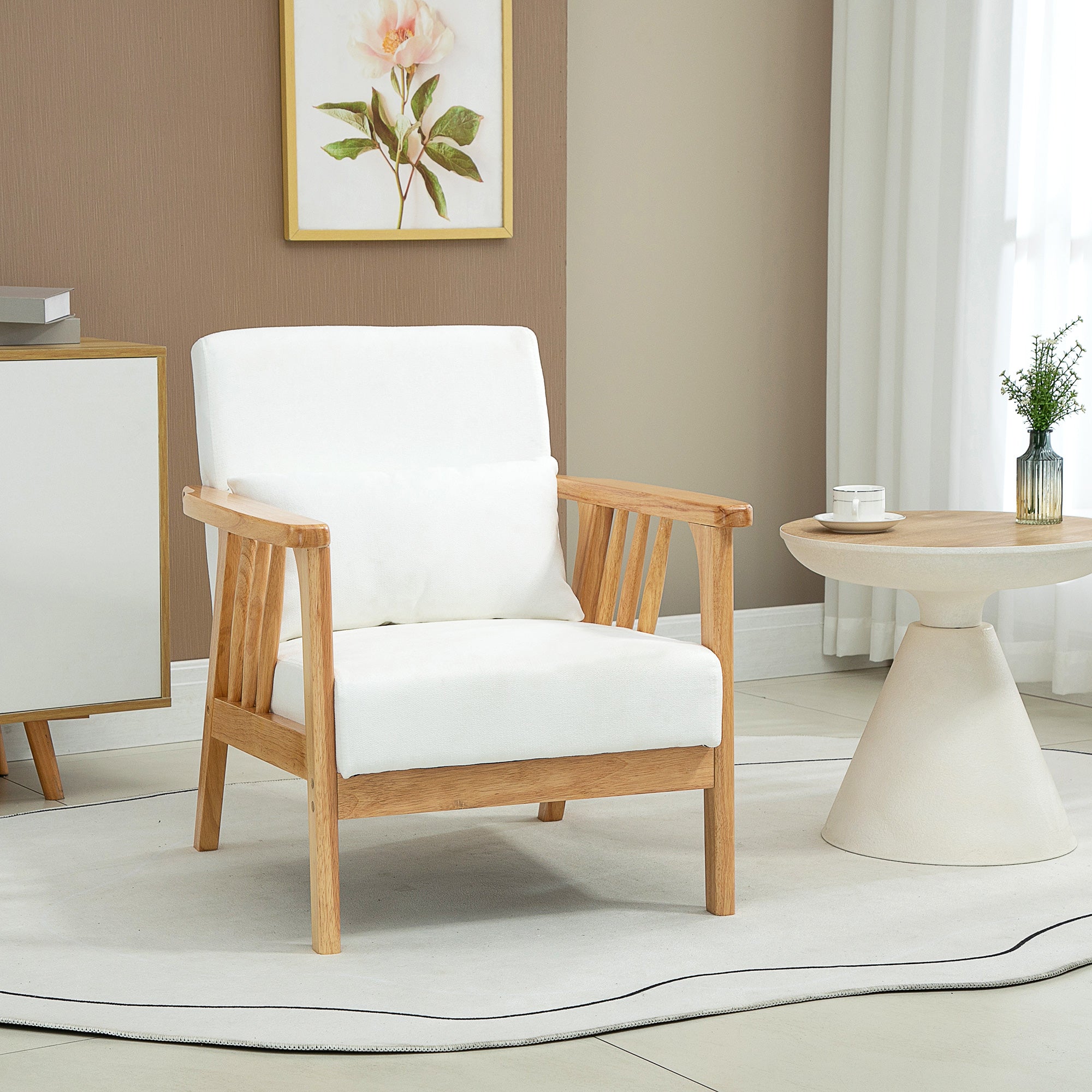 HOMCOM Accent Chairs with Cushioned Seat and Back, Upholstered Arm Chair for Bedroom, Living Room Chair with Throw Pillow and Wood Legs, Cream White