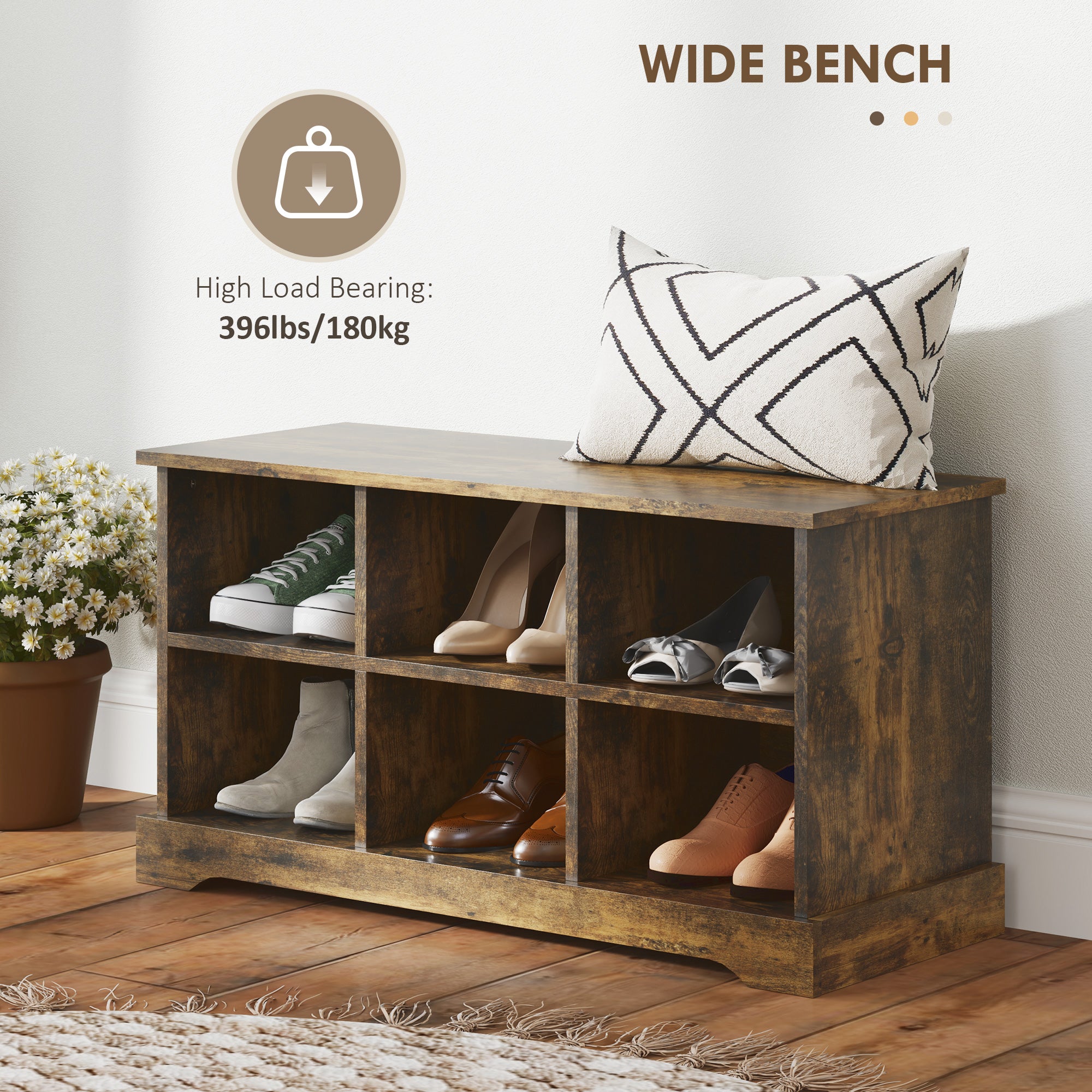 HOMCOM Coat Rack Shoe Bench Set, Entryway Shoe Bench with 8 Storage Cubbies, 4 Hooks, Modern Hall Tree for Hallway, Living Room and Bedroom, Rustic Brown