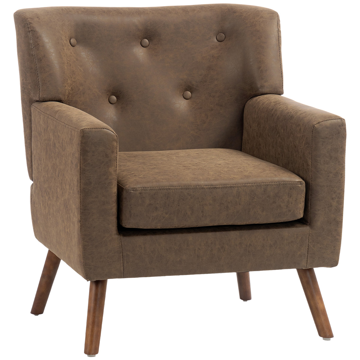 PU Leather Accent Chair, Mid Century Modern Armchair with Spring Seat Cushion, Tufted Back, Upholstered Club Chair with Wood Legs for Living Room Bedroom Study, Brown