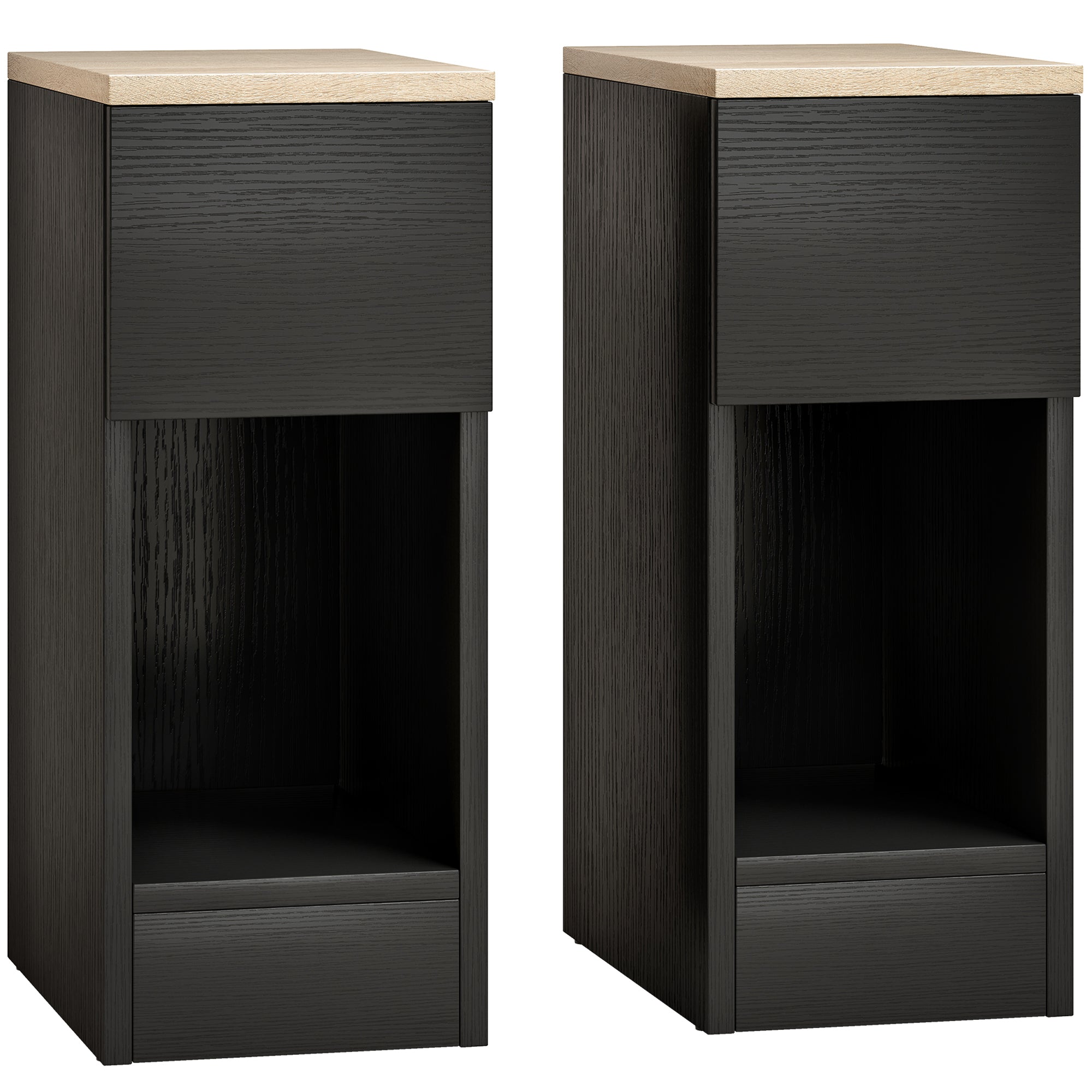 Bedside Tables Set of 2, Modern Side Tables with Drawer and Shelf, Nightstands for Bedroom, Living Room, Black