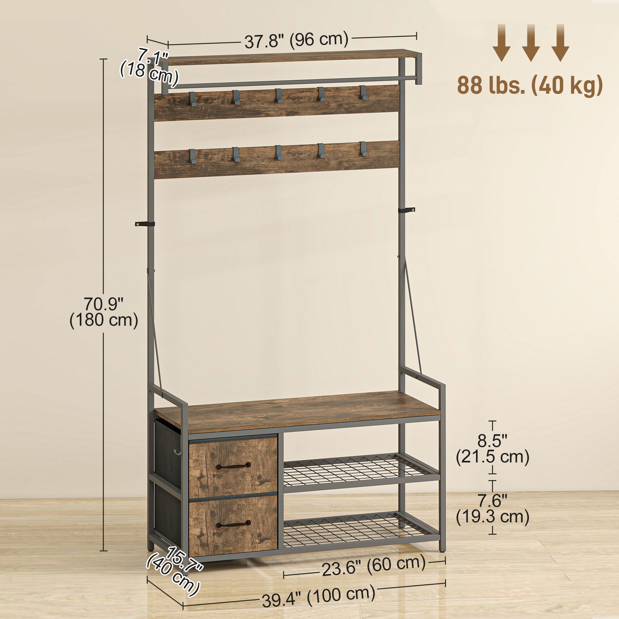 6-In-1 Hall Tree with Shoe Storage, Industrial Entryway Coat Rack Shoe Storage with 10 Adjustable Hooks, 2 Fabric Drawers and Hanging Rod for Hallway, Rustic Brown