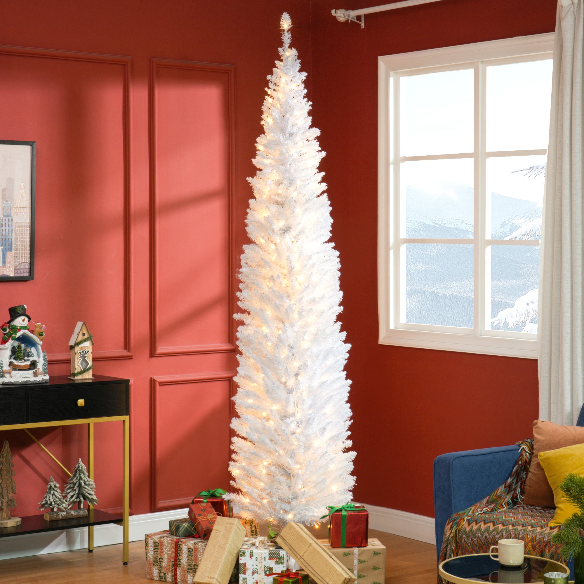 8ft Pencil Christmas Tree Slim Artificial Tree with Realistic Branches & Warm White LED Lights White