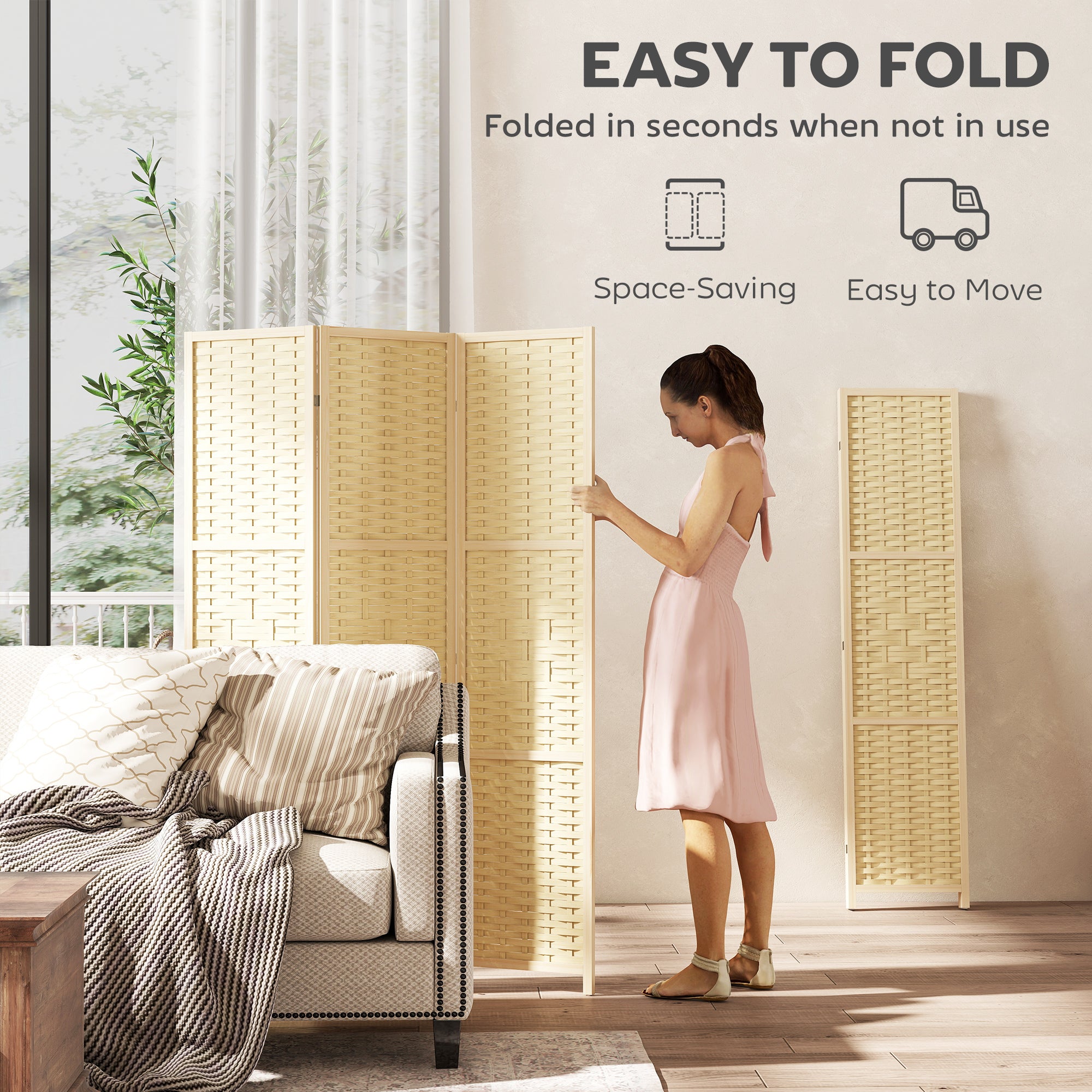 3-Panel Room Divider, 5.6 FT Bamboo Wave Freestanding Folding Privacy Screen, Partition Wall Divider for Indoor, Bedroom, Office, Natural Wood