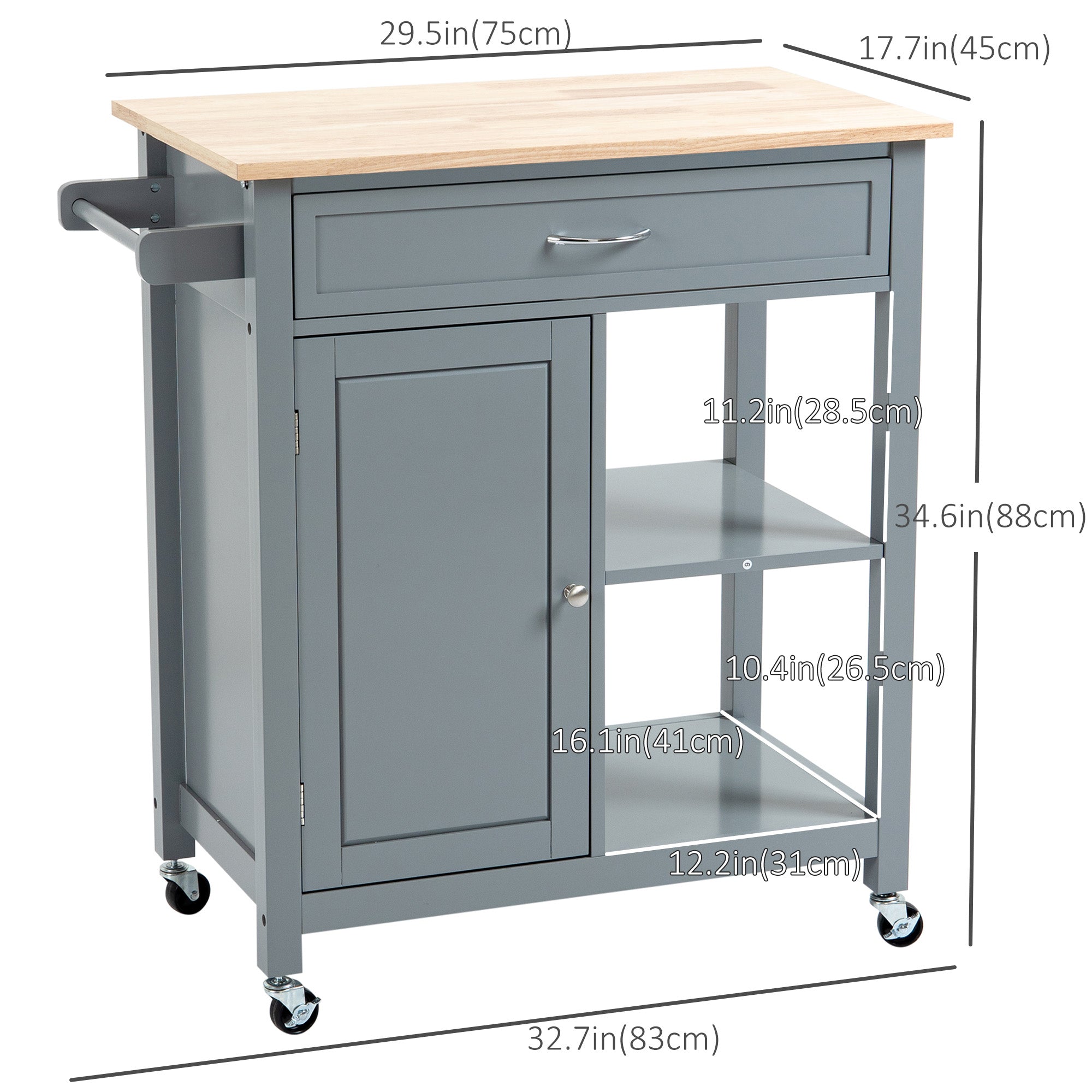 HOMCOM Rolling Kitchen Cart with Wood Top and Drawer, Kitchen Island on Wheels for Dining Room, Grey