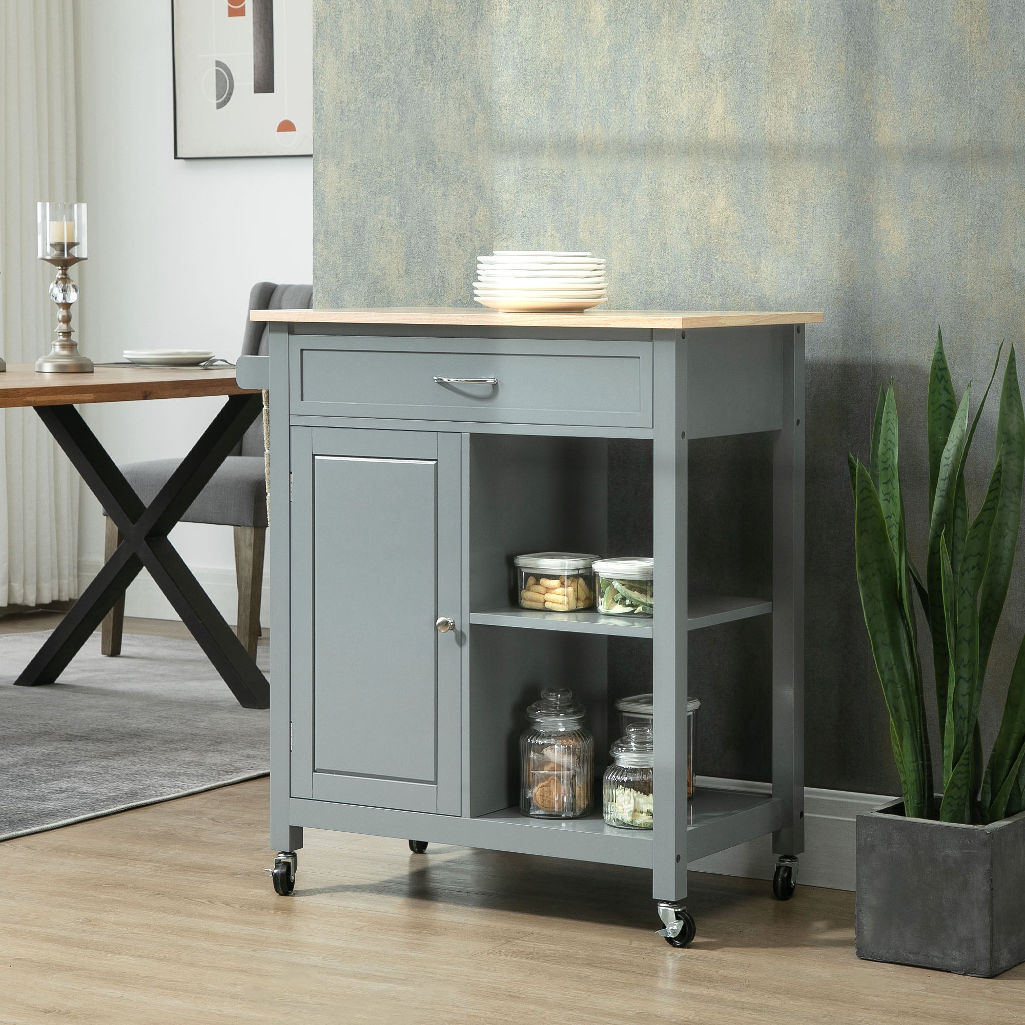 HOMCOM Rolling Kitchen Cart with Wood Top and Drawer, Kitchen Island on Wheels for Dining Room, Grey