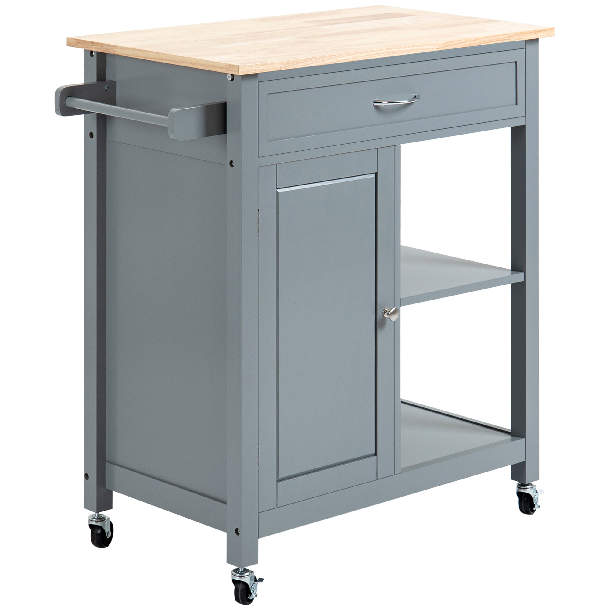 HOMCOM Rolling Kitchen Cart with Wood Top and Drawer, Kitchen Island on Wheels for Dining Room, Grey