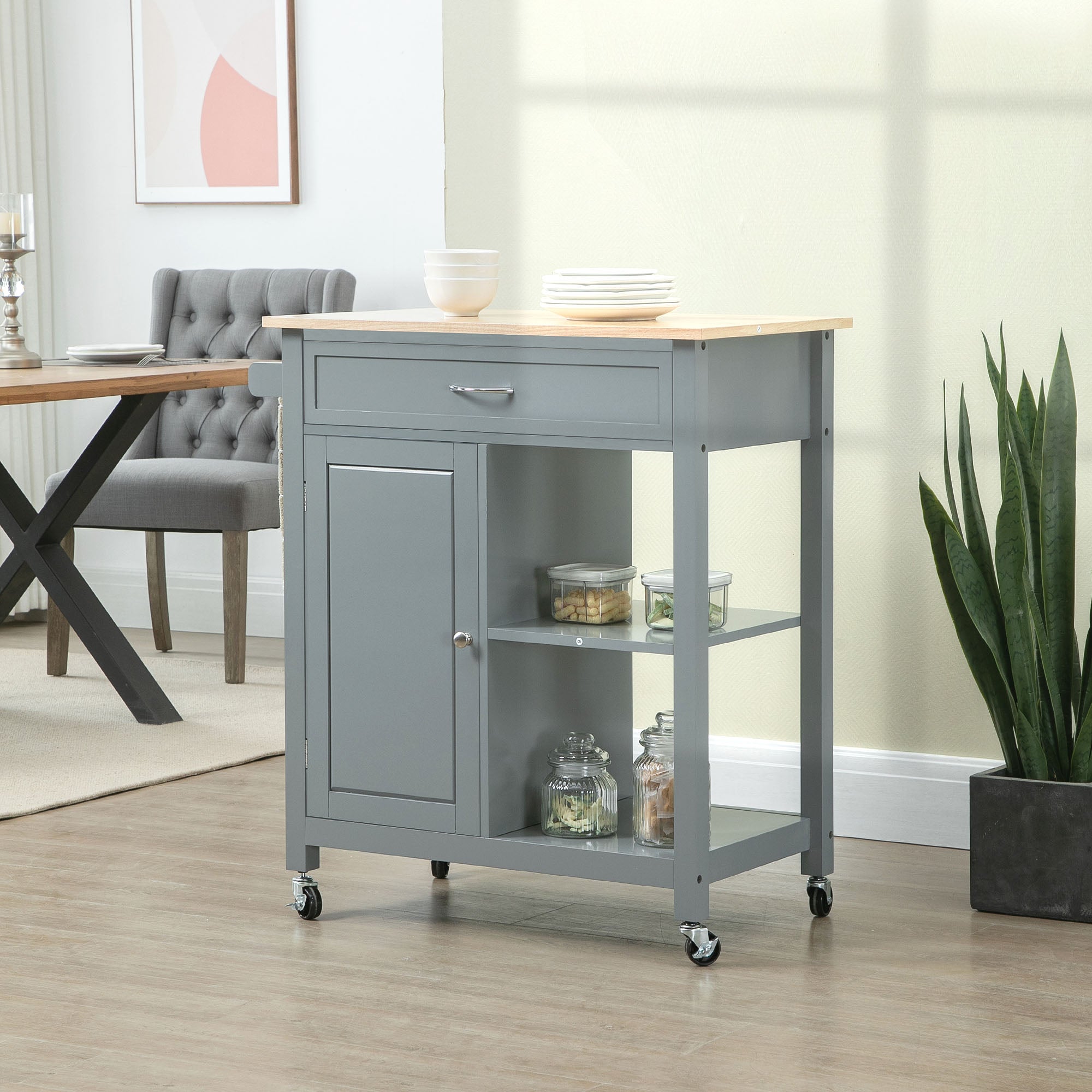 HOMCOM Rolling Kitchen Cart with Wood Top and Drawer, Kitchen Island on Wheels for Dining Room, Grey