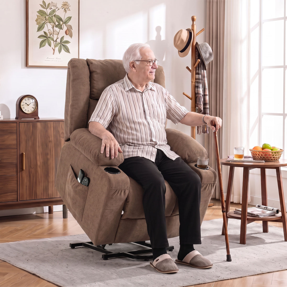 Dual Motor Recliner Chair Lift Chair for Elderly, 55° Electric Riser Recliner Armchair with Massage and Heat, Terry Cloth Power Reclining Lounge Sofa, 2 Cup Holders, Side Pockets, Brown