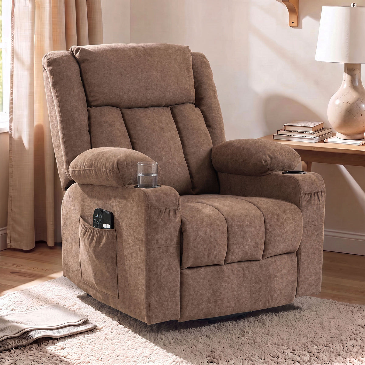 Dual Motor Recliner Chair Lift Chair for Elderly, 55° Electric Riser Recliner Armchair with Massage and Heat, Terry Cloth Power Reclining Lounge Sofa, 2 Cup Holders, Side Pockets, Brown