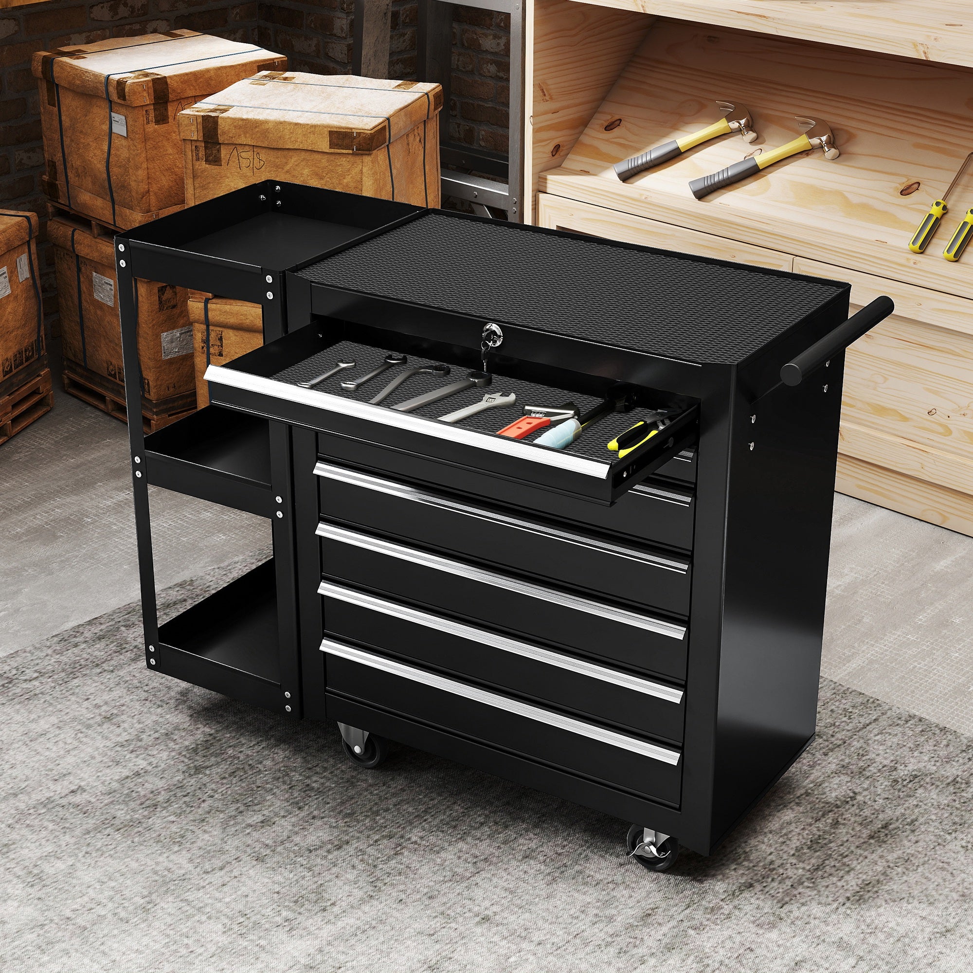 7 Drawer Tool Box, Lockable Steel Tool Chest on Wheels, Rolling Tool Cabinet with 7 Drawers and Handle for Workshop, Garage, Black