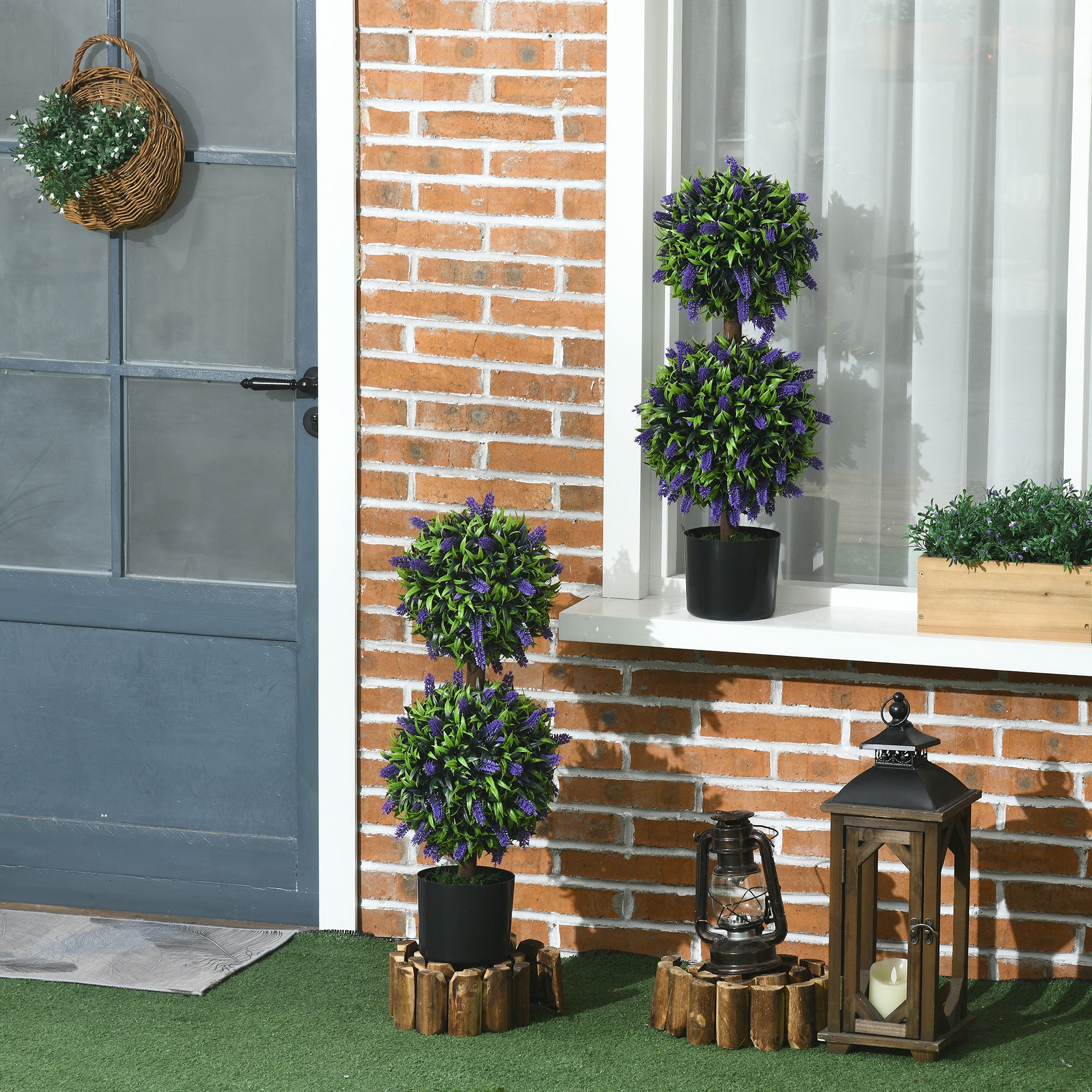 2.3ft Set of 2 Decorative Artificial Plants Ball Trees with Lavender Flowers in Pot Fake Plants for Home Indoor Outdoor Decor, Green