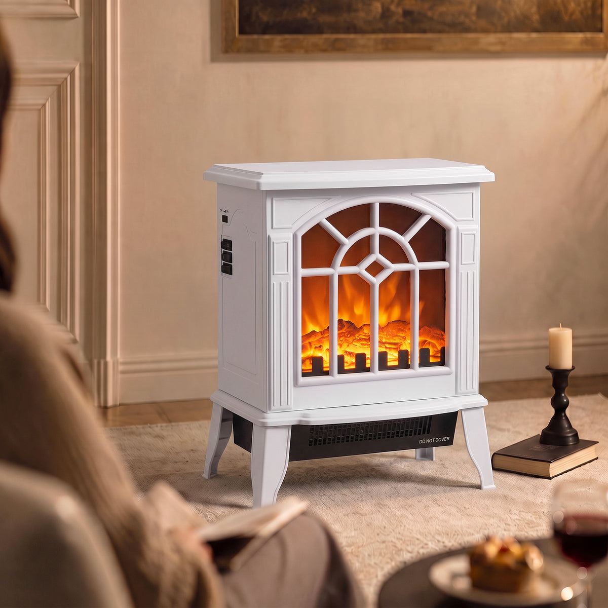 Freestanding Electric Fireplace, Electric Log Burner with LED Flame Effect, Overheating Safety System, 1000W/2000W, White