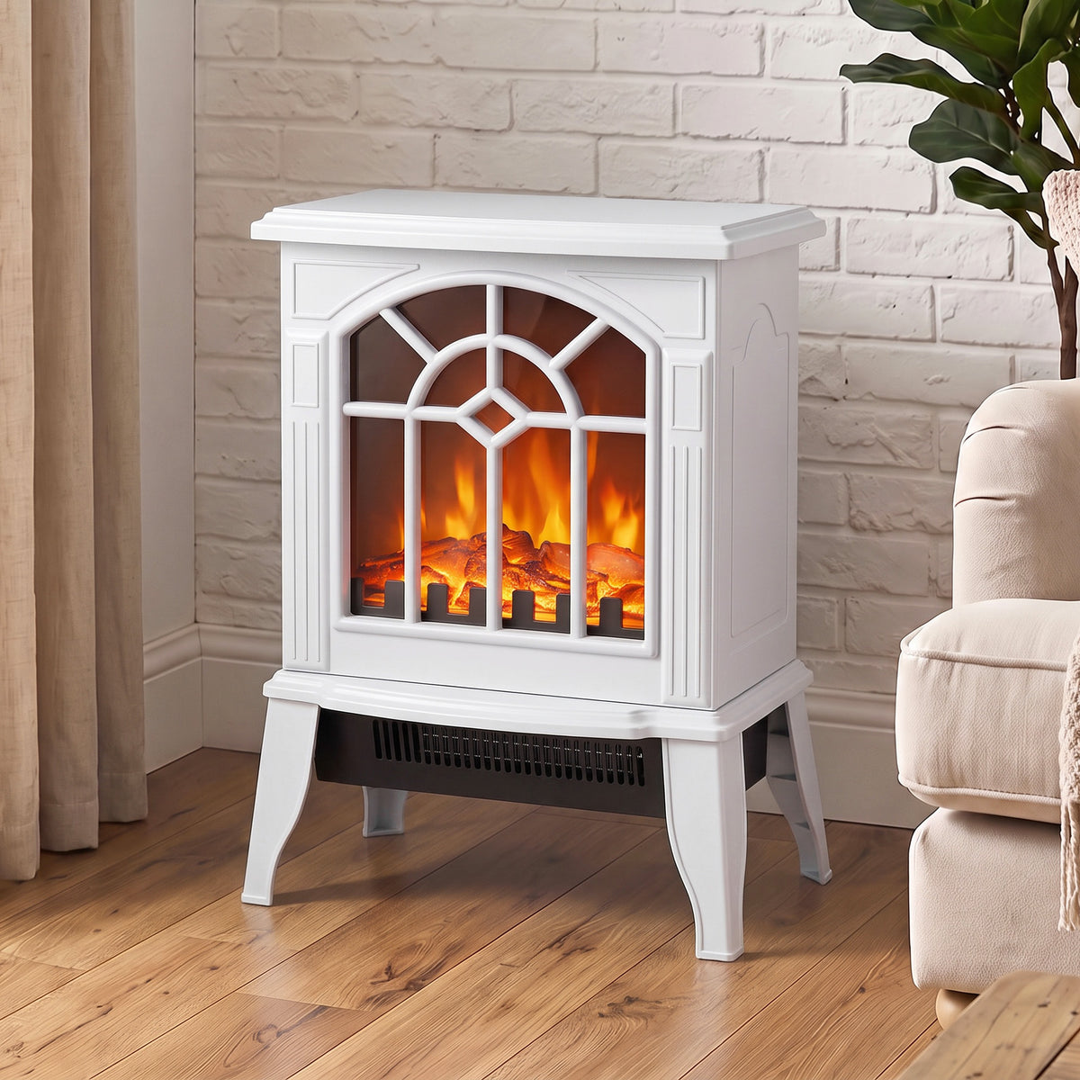 Freestanding Electric Fireplace, Electric Log Burner with LED Flame Effect, Overheating Safety System, 1000W/2000W, White