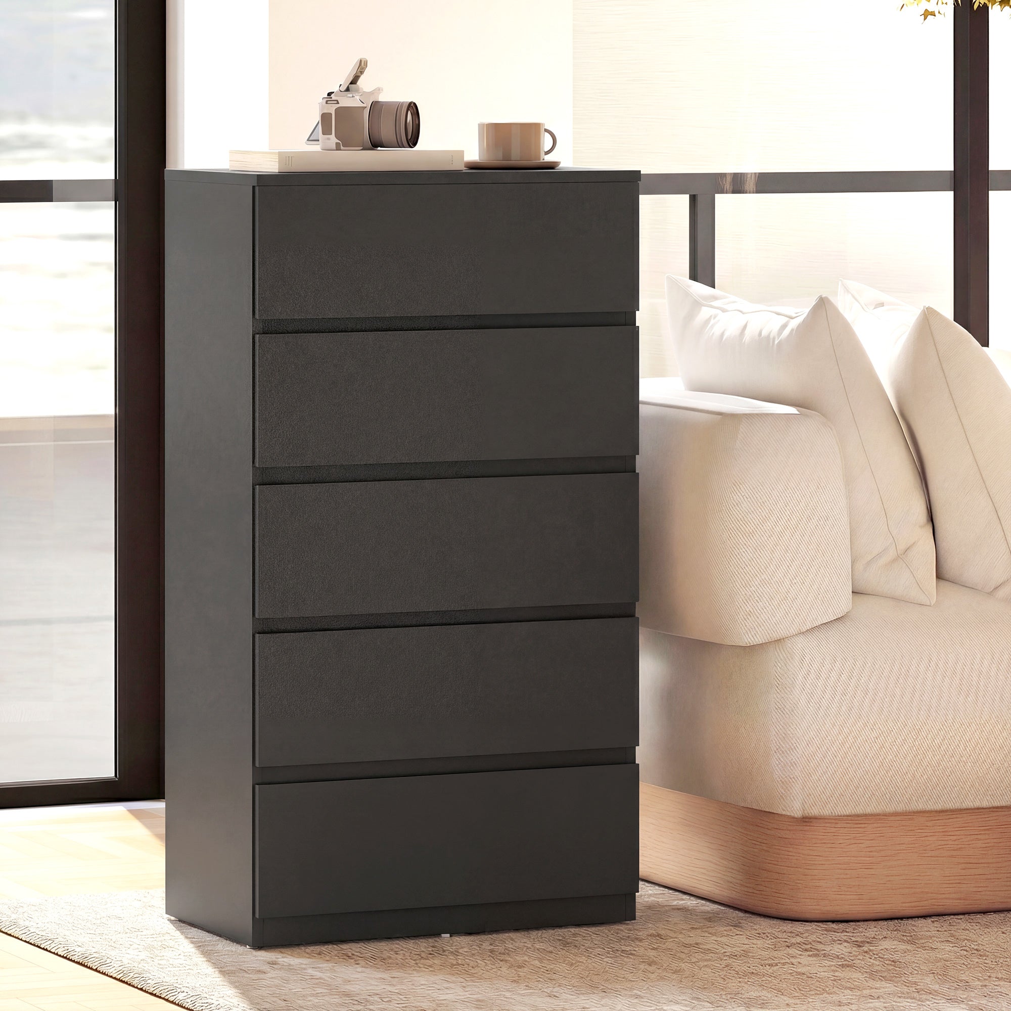 Chest of Drawers, 5 Drawers Storage Cabinet Floor Tower Cupboard for Bedroom Living Room, Black