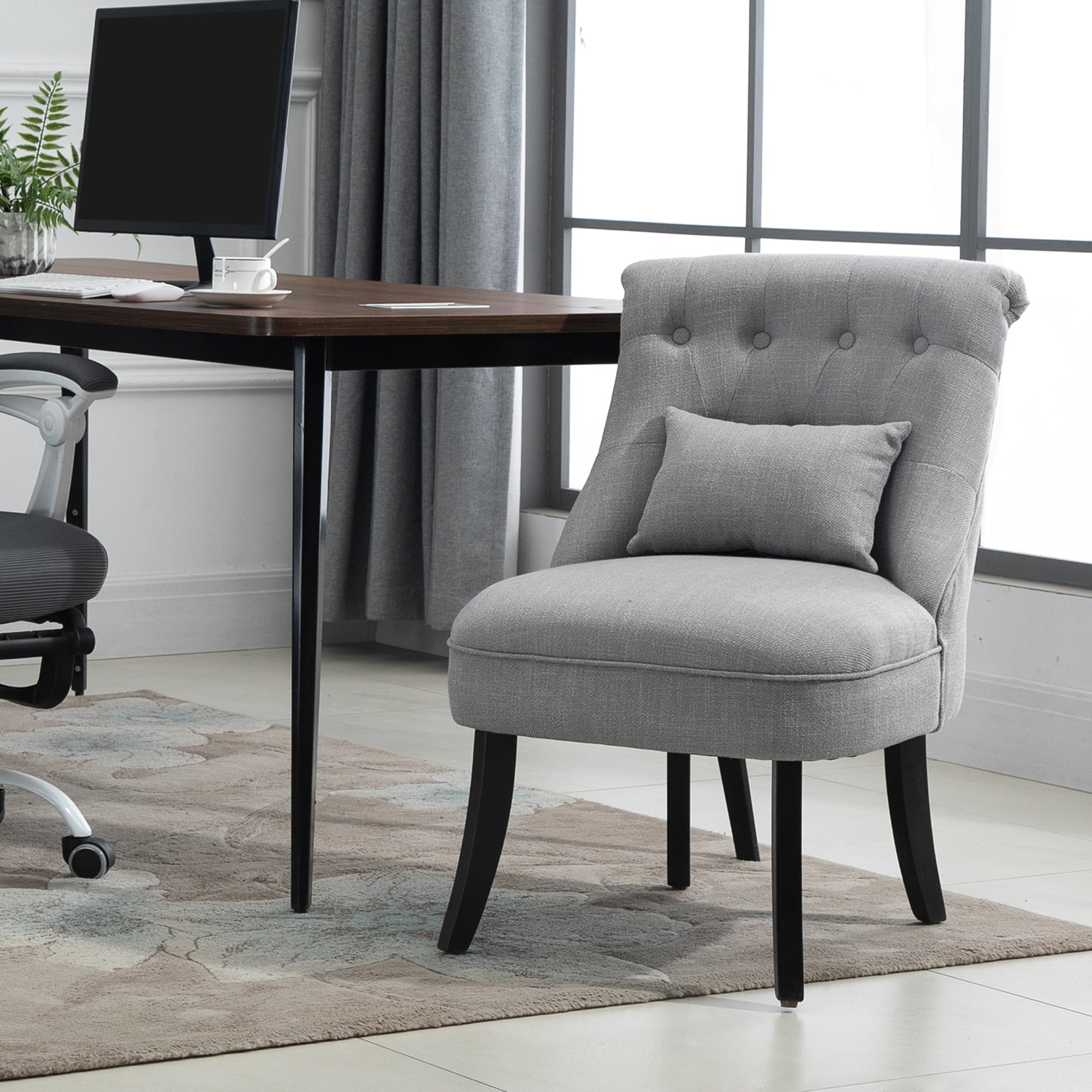 HOMCOM Fabric Single Sofa Dining Chair Tub Chair Upholstered W/ Pillow Solid Wood Leg Home Living Room Furniture Grey