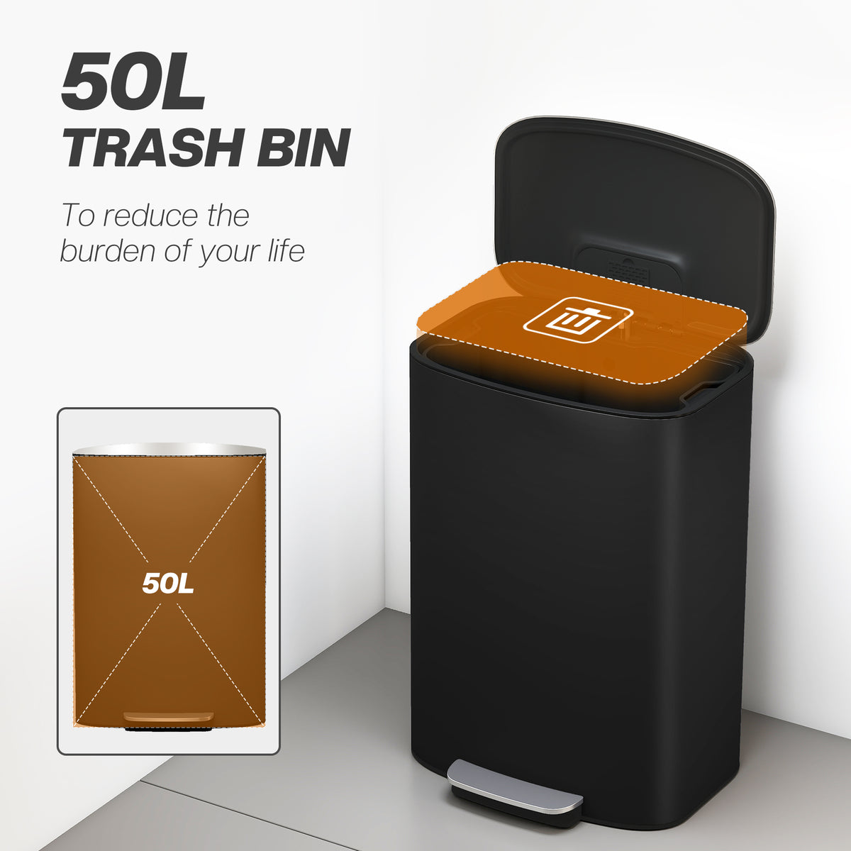 13.2-Gallon Garbage Can, Fingerprint-proof Kitchen Trash Can with Soft-close Lid, Foot Pedal and Stainless Steel Lid, Modern Garbage Bin for Living Room, Home Office, Black