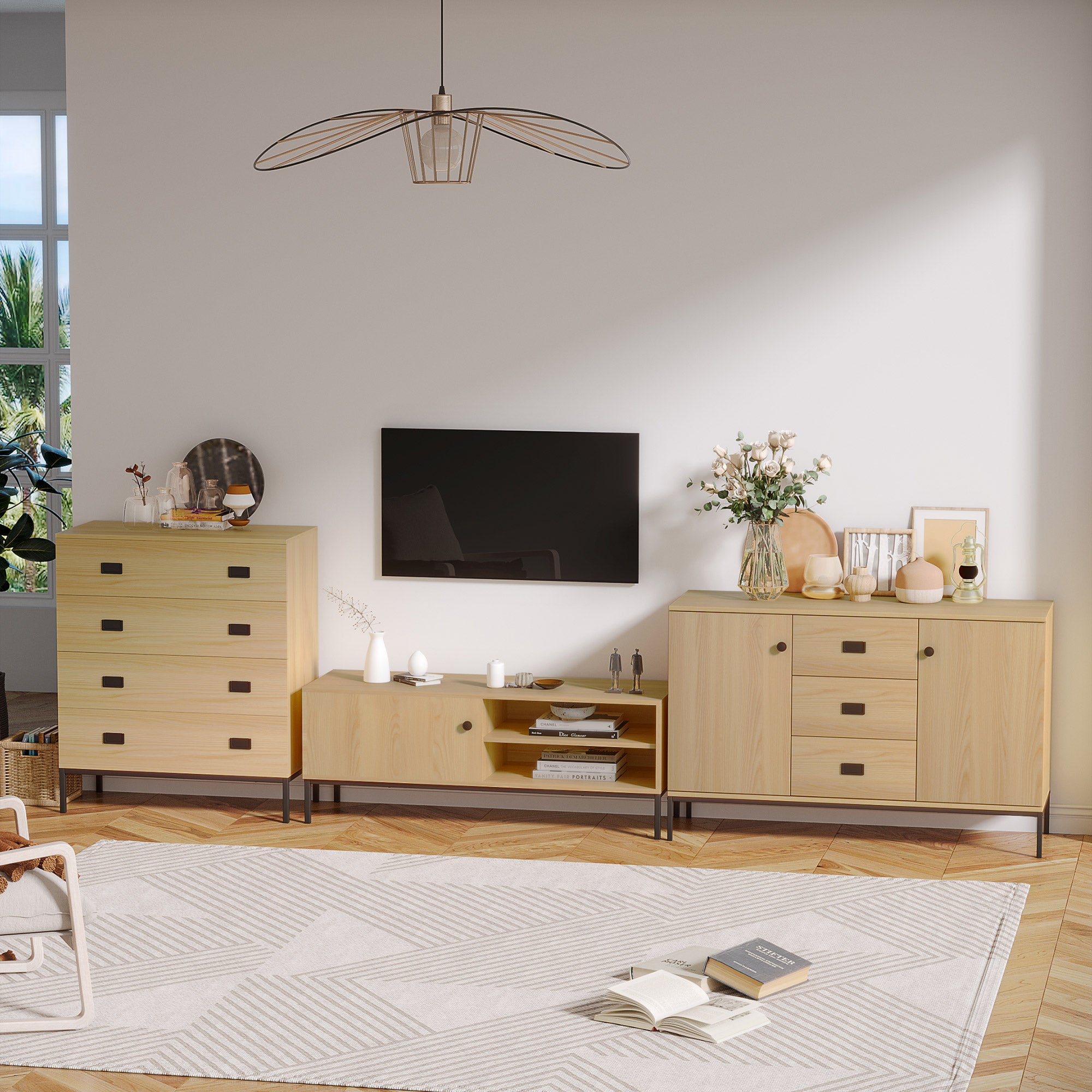 HOMCOM TV Stand Cabinet for TVs up to 50", TV Unit with 3 Compartments, Cable Management, TV Cabinet with Sliding Door for Living Room, Bedroom, Natural Wood Finish
