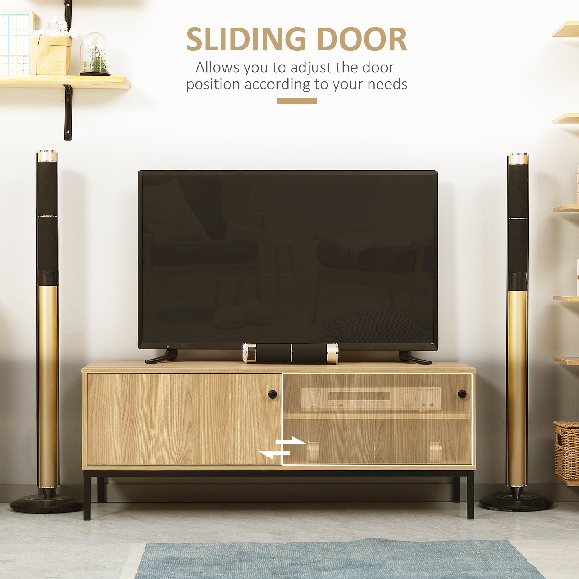 HOMCOM TV Stand Cabinet for TVs up to 50", TV Unit with 3 Compartments, Cable Management, TV Cabinet with Sliding Door for Living Room, Bedroom, Natural Wood Finish