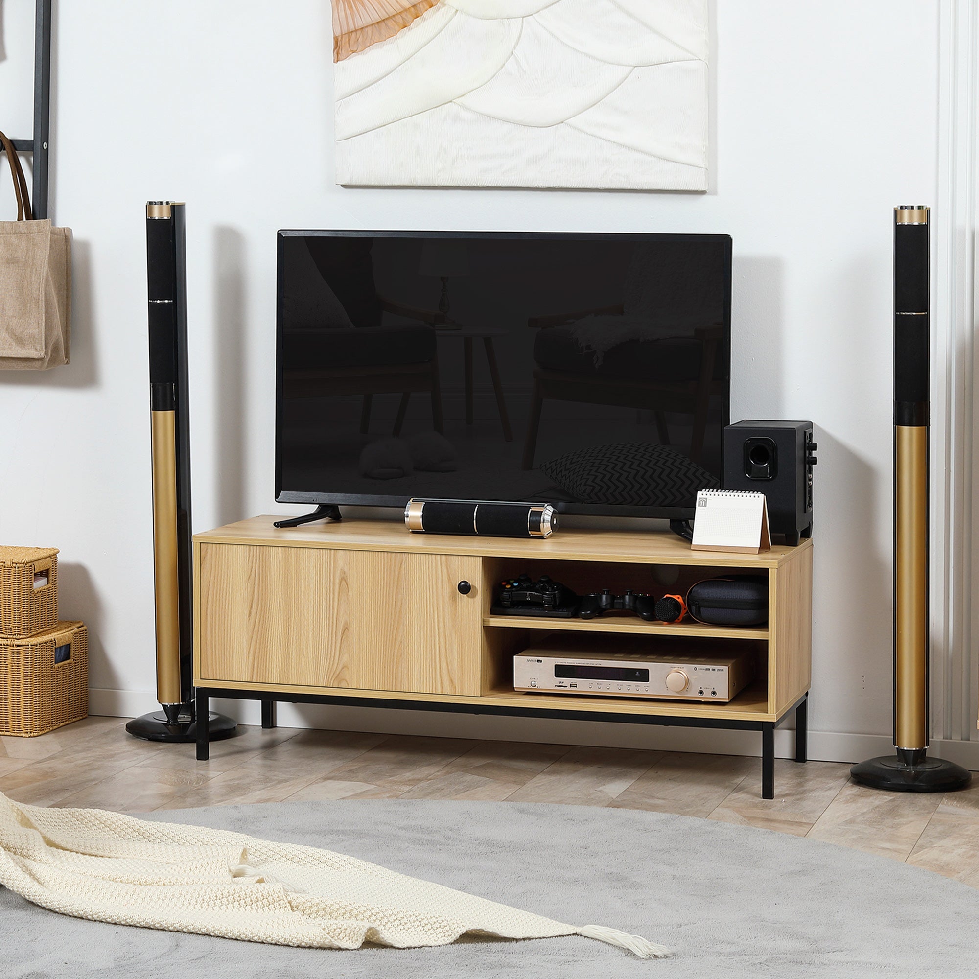 HOMCOM TV Stand Cabinet for TVs up to 50", TV Unit with 3 Compartments, Cable Management, TV Cabinet with Sliding Door for Living Room, Bedroom, Natural Wood Finish