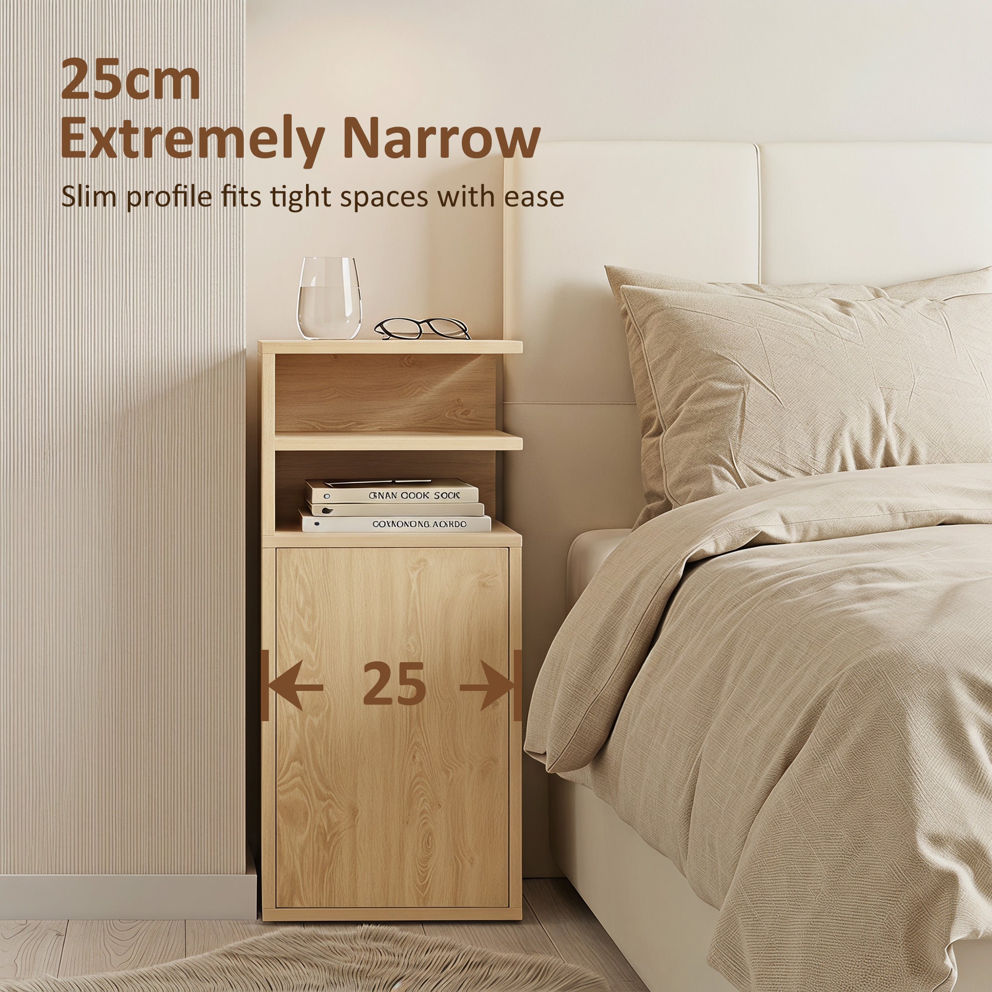 Slim Bedside Table Set of 2, Narrow Bedside Cabinet with Open Cubbies and Cupboard, Side End Table for Bedroom Living Room Compact Nooks, 30 x 25 x 60 cm, Oak